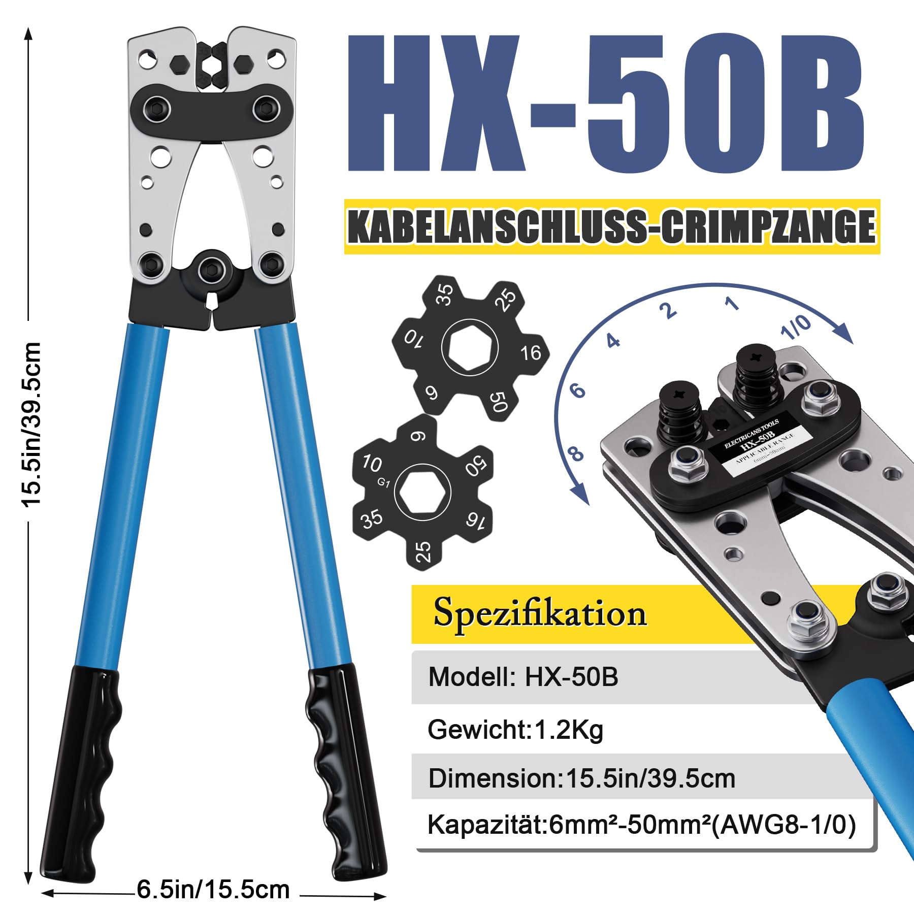 Galingos presavimo replės kabelių antgaliams (6-50 mm²) + 60 vnt. gnybtų rinkinys | HX-50B