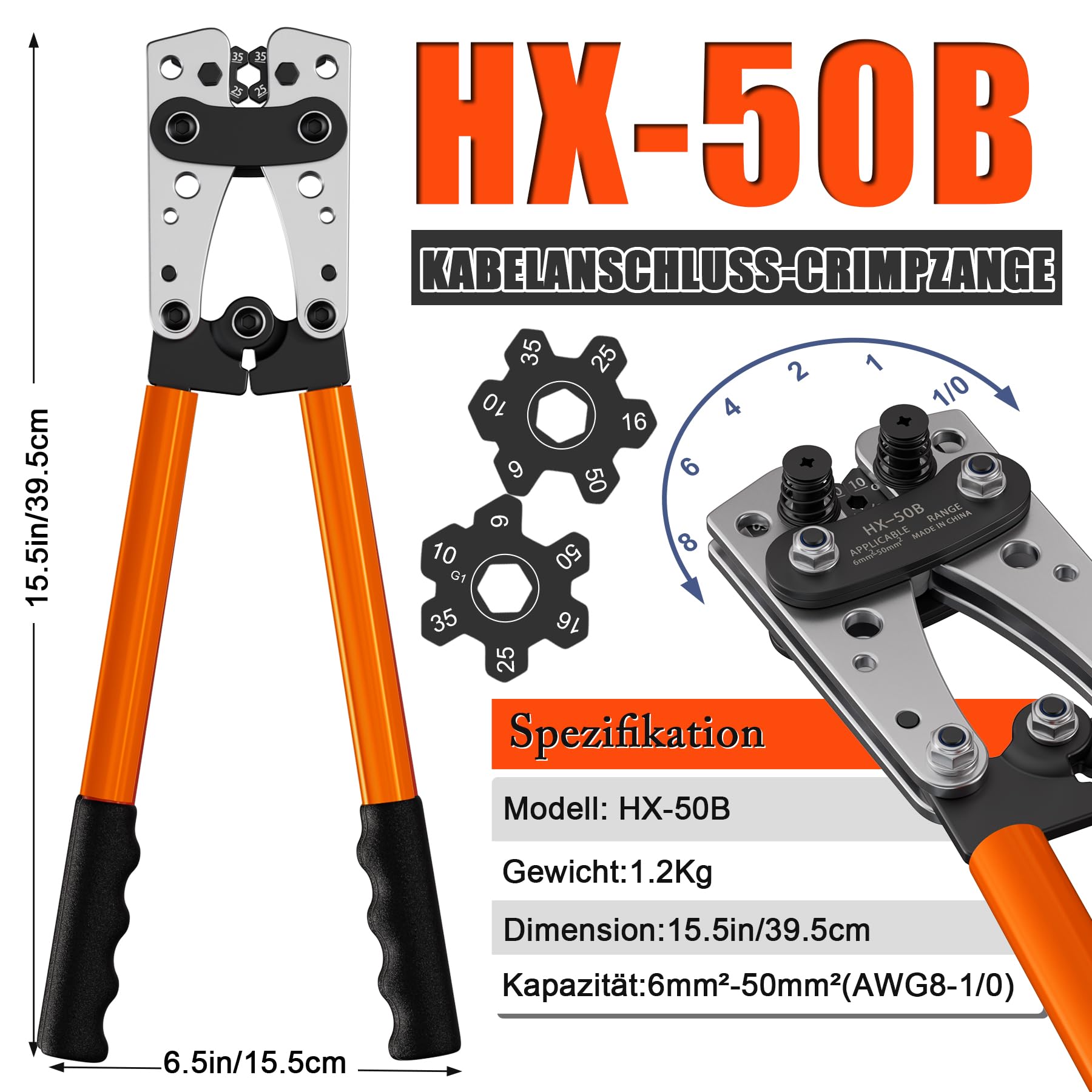 Galingos presavimo replės kabelių antgaliams (6-50 mm²) + 60 vnt. gnybtų rinkinys | HX-50B