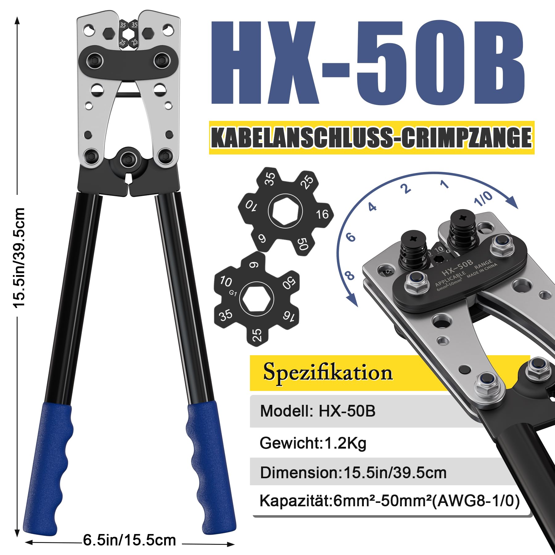 Galingos presavimo replės kabelių antgaliams (6-50 mm²) + 60 vnt. gnybtų rinkinys | HX-50B