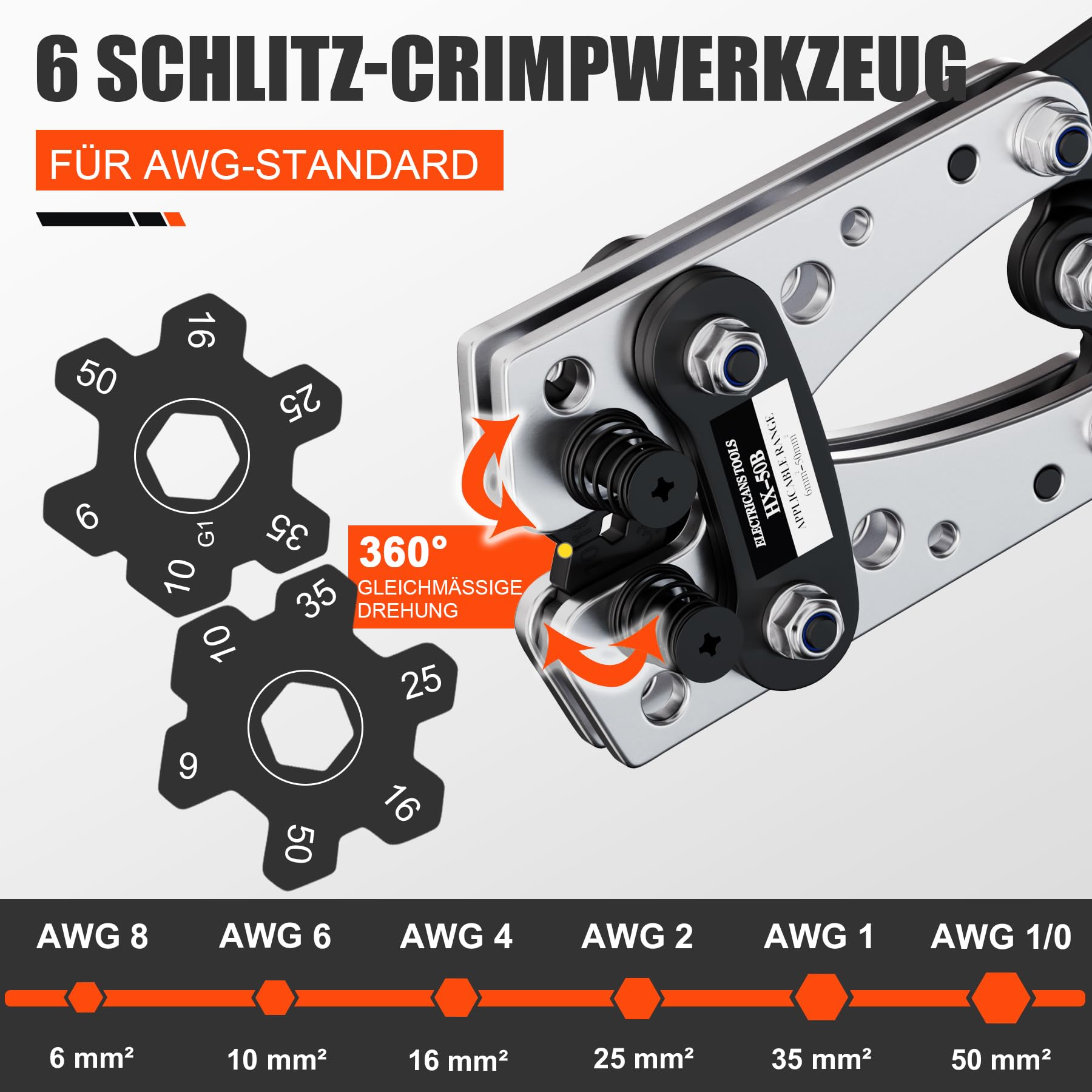 Galingos presavimo replės kabelių antgaliams (6-50 mm²) + 60 vnt. gnybtų rinkinys | HX-50B