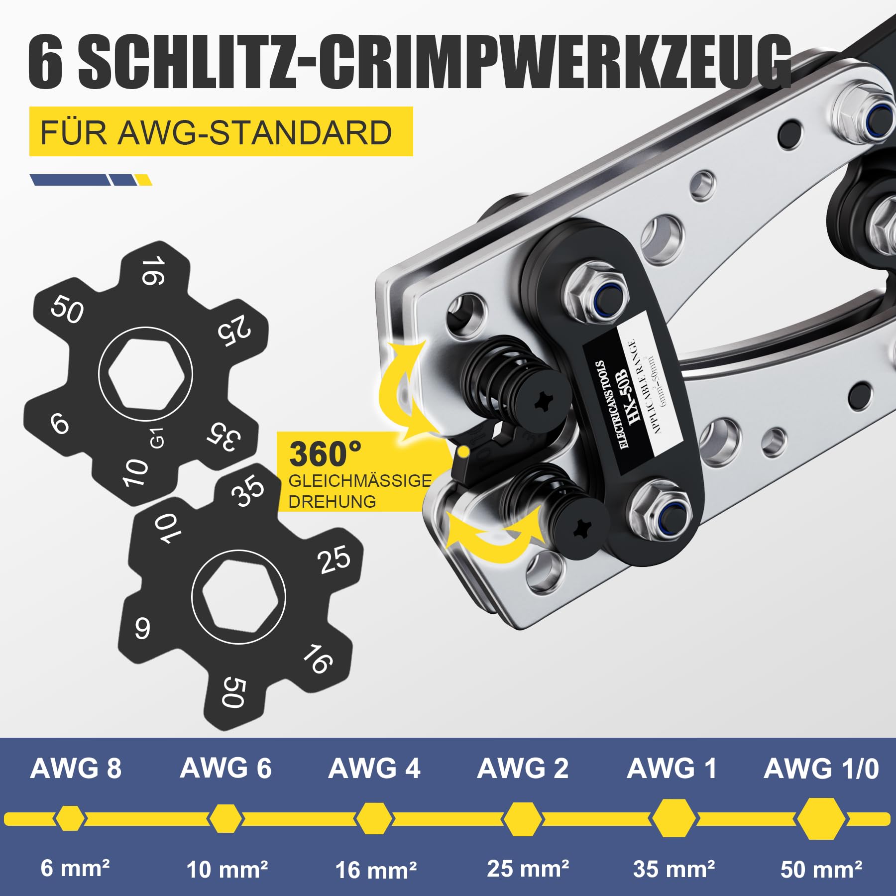 Galingos presavimo replės kabelių antgaliams (6-50 mm²) + 60 vnt. gnybtų rinkinys | HX-50B