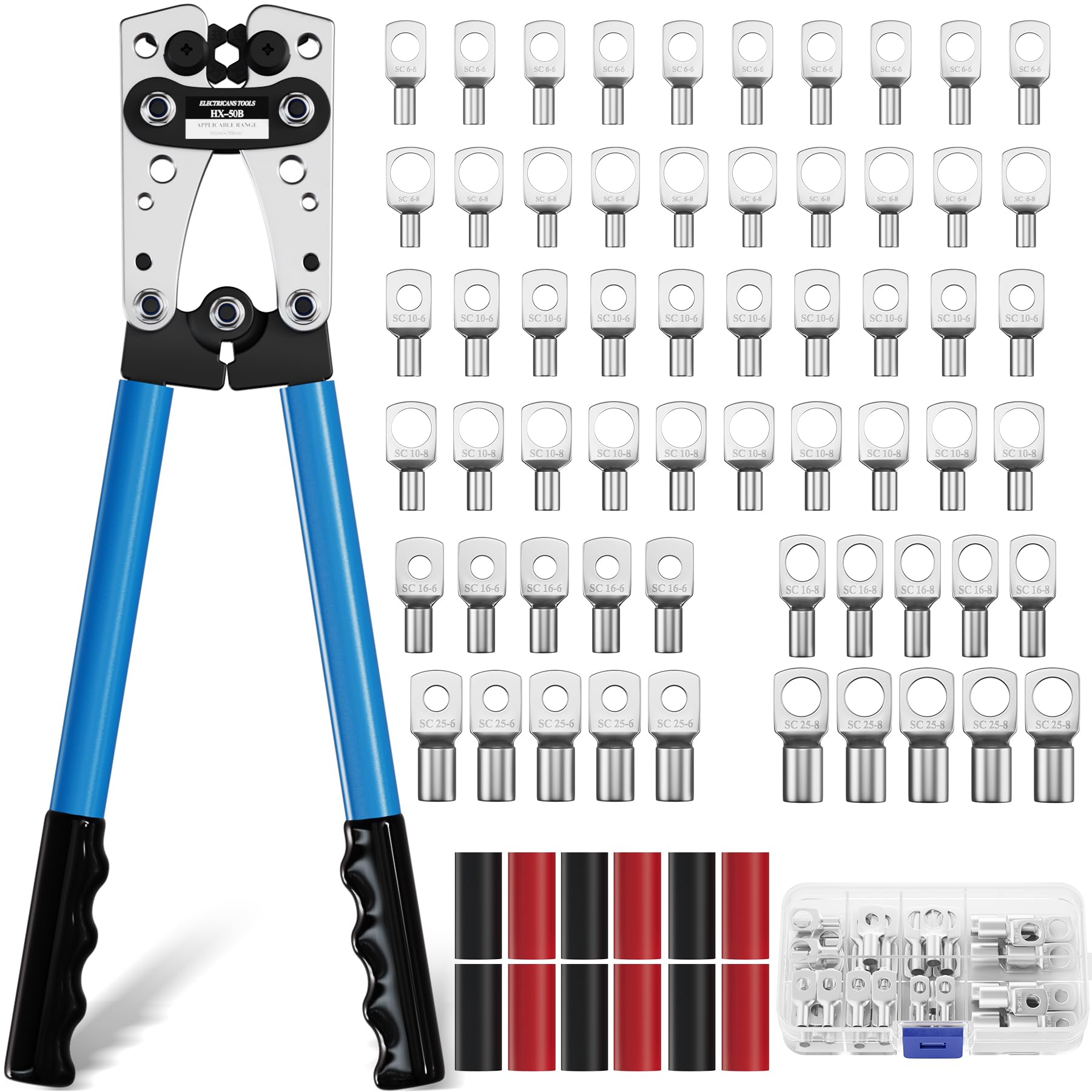 Galingos presavimo replės kabelių antgaliams (6-50 mm²) + 60 vnt. gnybtų rinkinys | HX-50B
