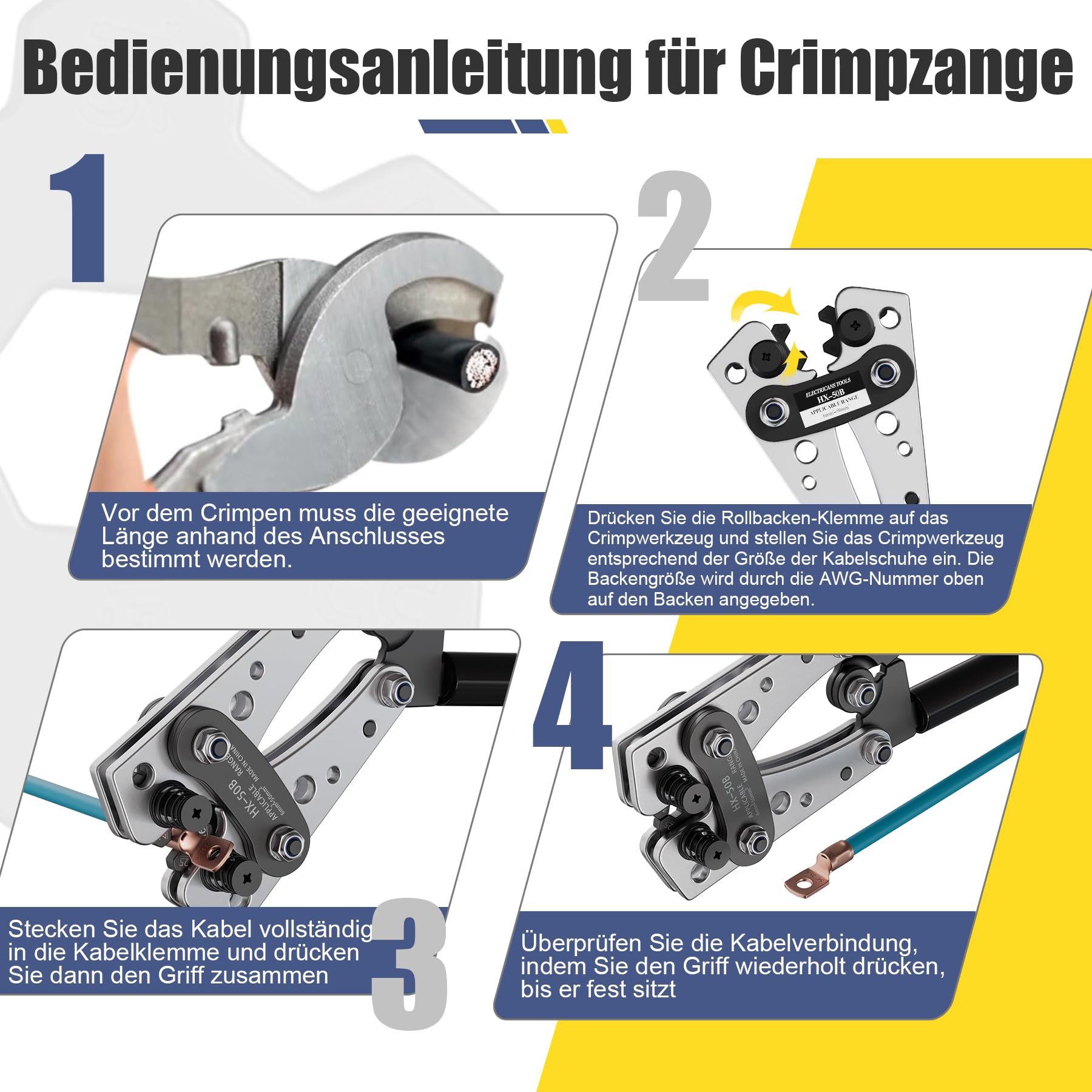 Galingos presavimo replės kabelių antgaliams (6-50 mm²) + 60 vnt. gnybtų rinkinys | HX-50B