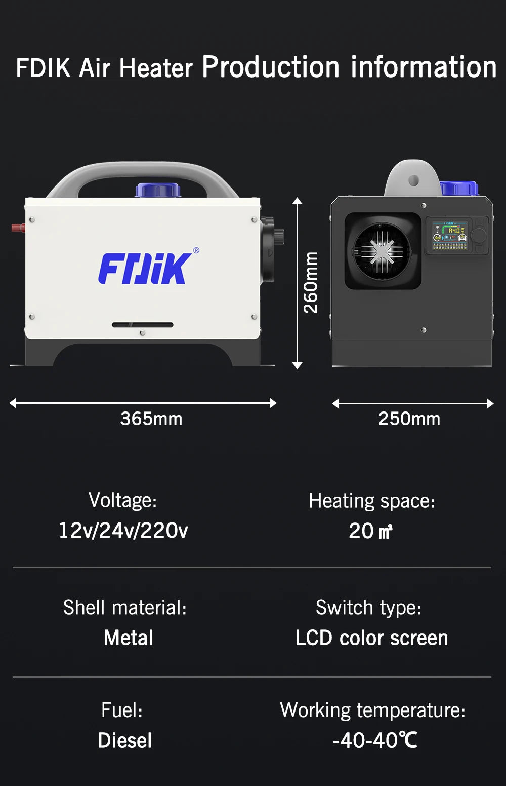 Dyzelinis oro šildytuvas fdik T6 8kW 12/24/220 V su LCD valdikliu