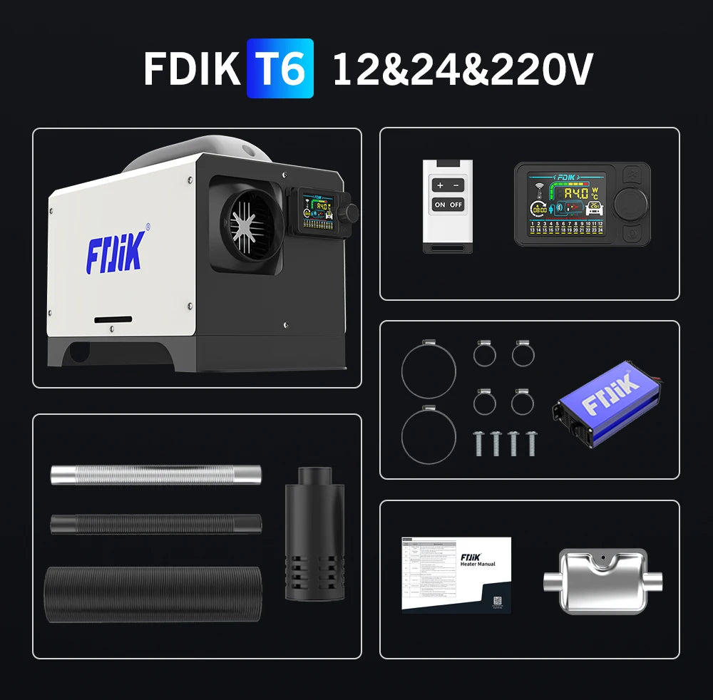 Dyzelinis oro šildytuvas fdik T6 8kW 12/24/220 V su LCD valdikliu