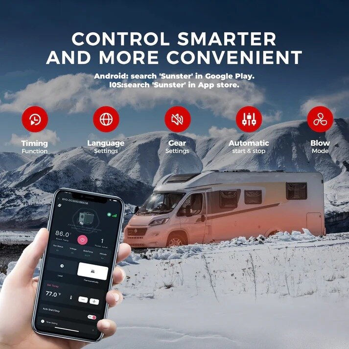 Dyzelinis šildytuvas Sunster A2200BS, 8 kW 12/24 V, 220 V su Bluetooth ir LCD valdikliu