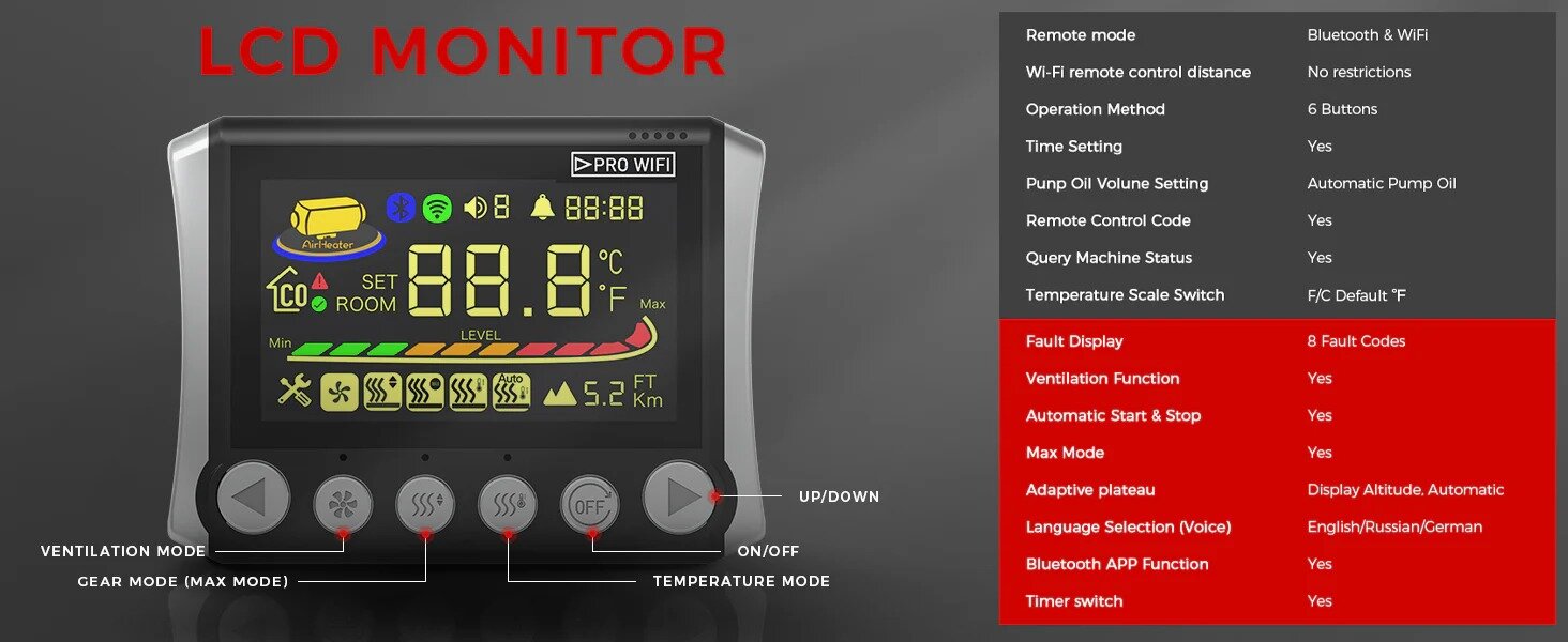 Sunster TB10 dyzelinis oro šildytuvas 8kW 12/24/220V su Wi-Fi valdymu ir LCD jungikliu
