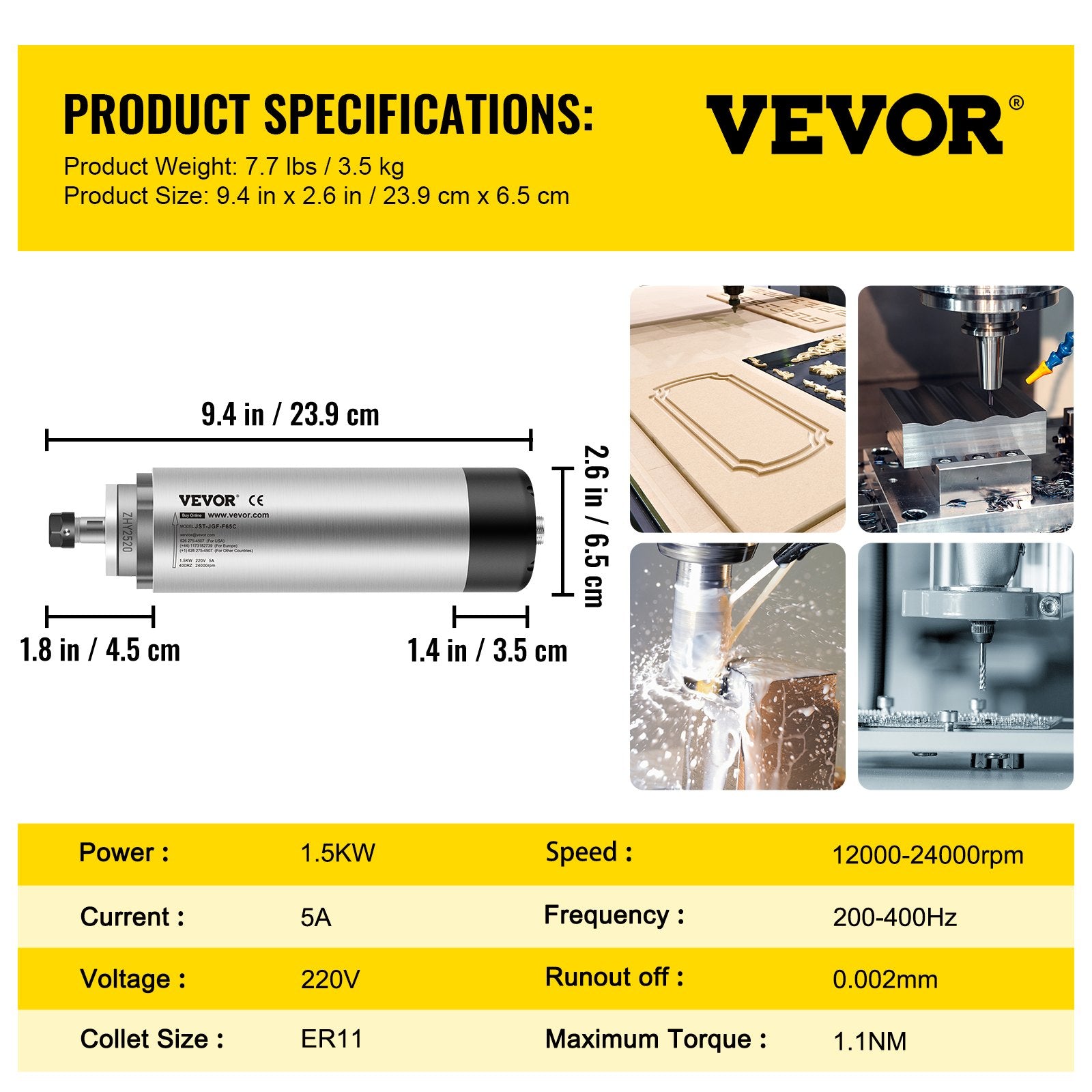CNC špindelis VEVOR 1.5KW, Oru aušinamas