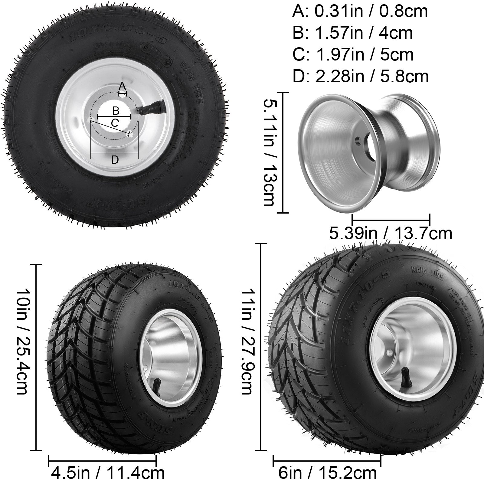 Kartingo ratai VEVOR 10x4.50-5 / 11x6.0-5, 4 vnt. komplektas