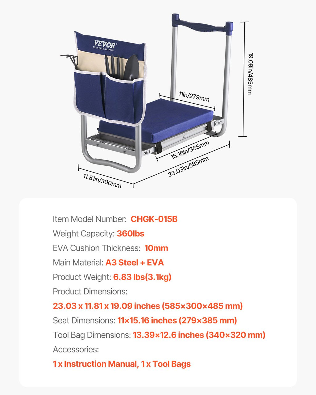 Sodo kėdutė-klauptas VEVOR CHGK-015B, 163 kg apkrova