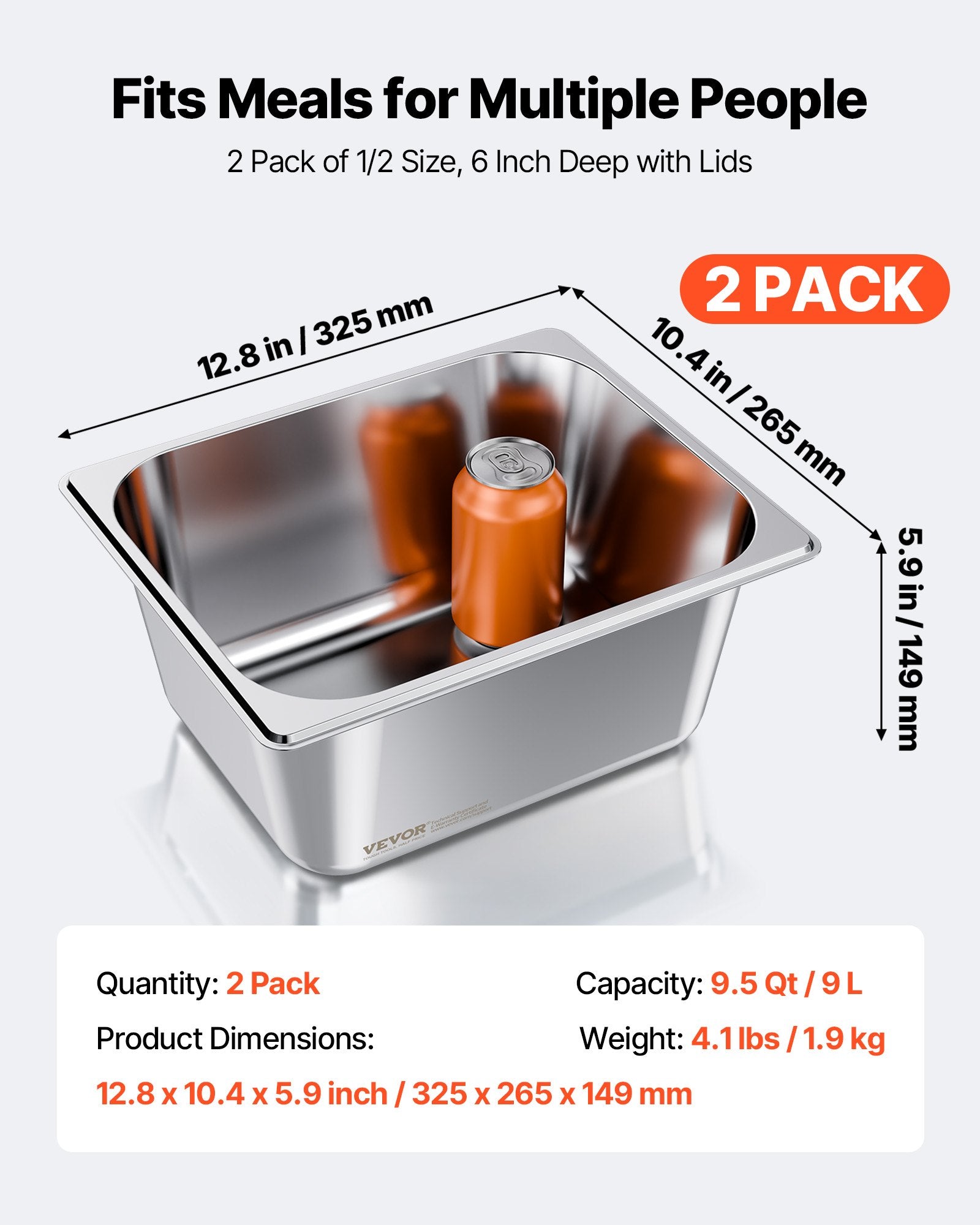Gastronominiai indai VEVOR HZ812-150T, 1/2 GN, 148 mm gylio, 2 vnt.