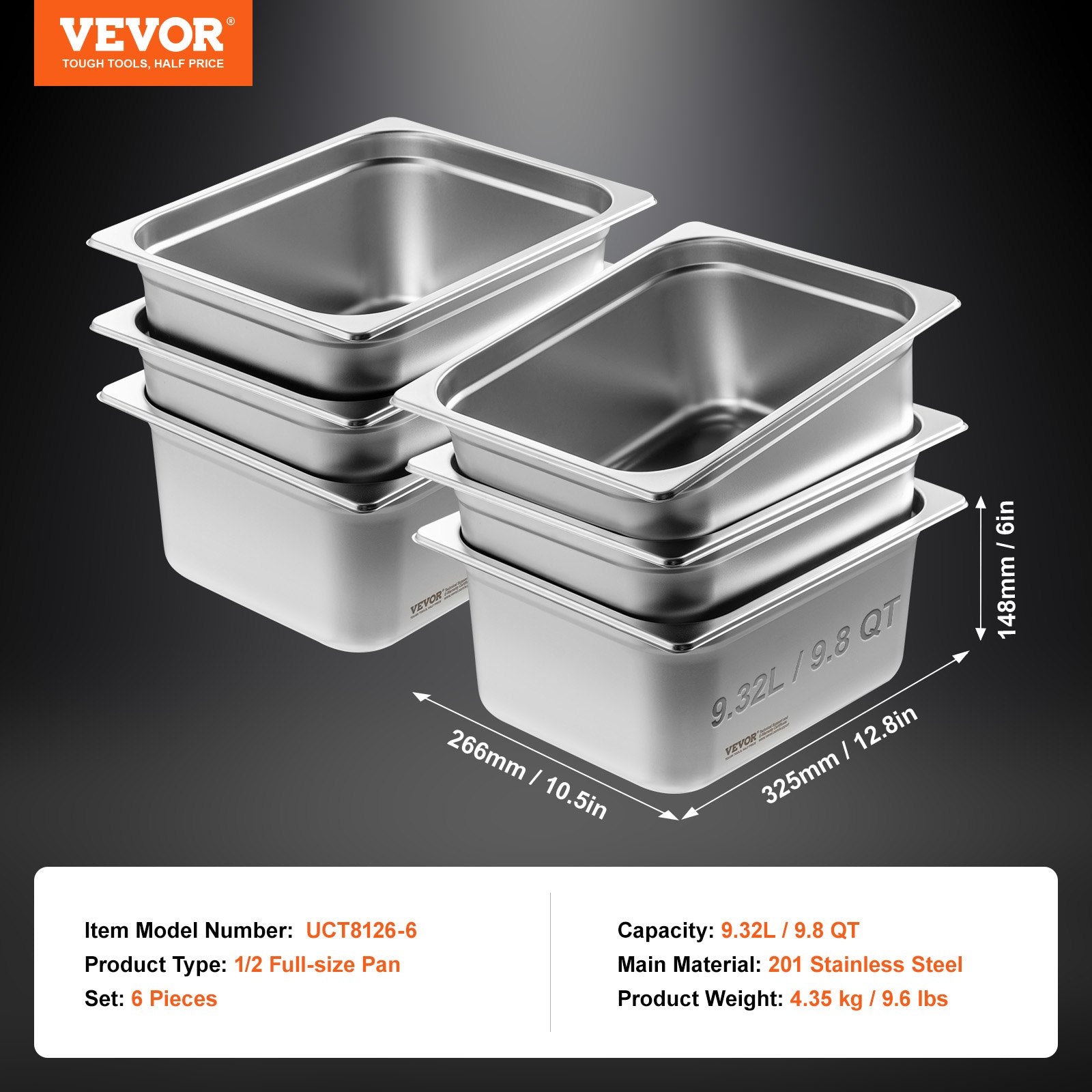 Gastronominiai indai VEVOR UCT8126-6, GN 1/2, 150 mm gylio, 6 vnt.