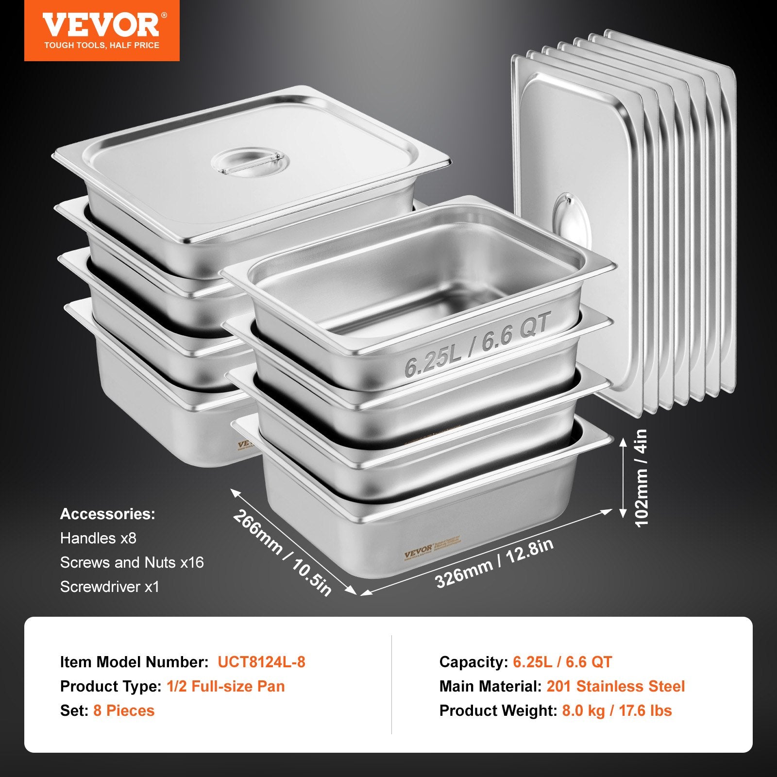 Gastronominiai indai VEVOR UCT8124L-8, 8 vnt. rinkinys