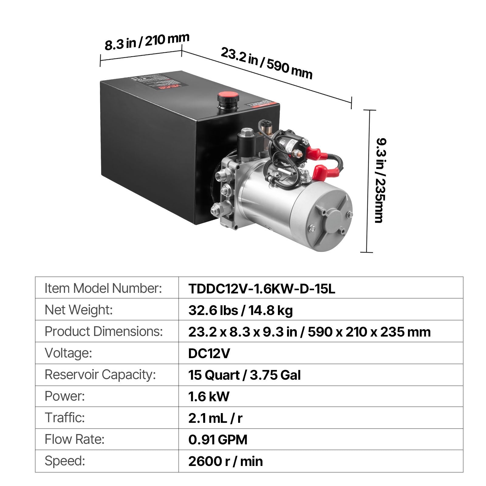 Hidraulinė stotelė VEVOR TDDC12V-1.6KW-D-15L, 15 l talpa