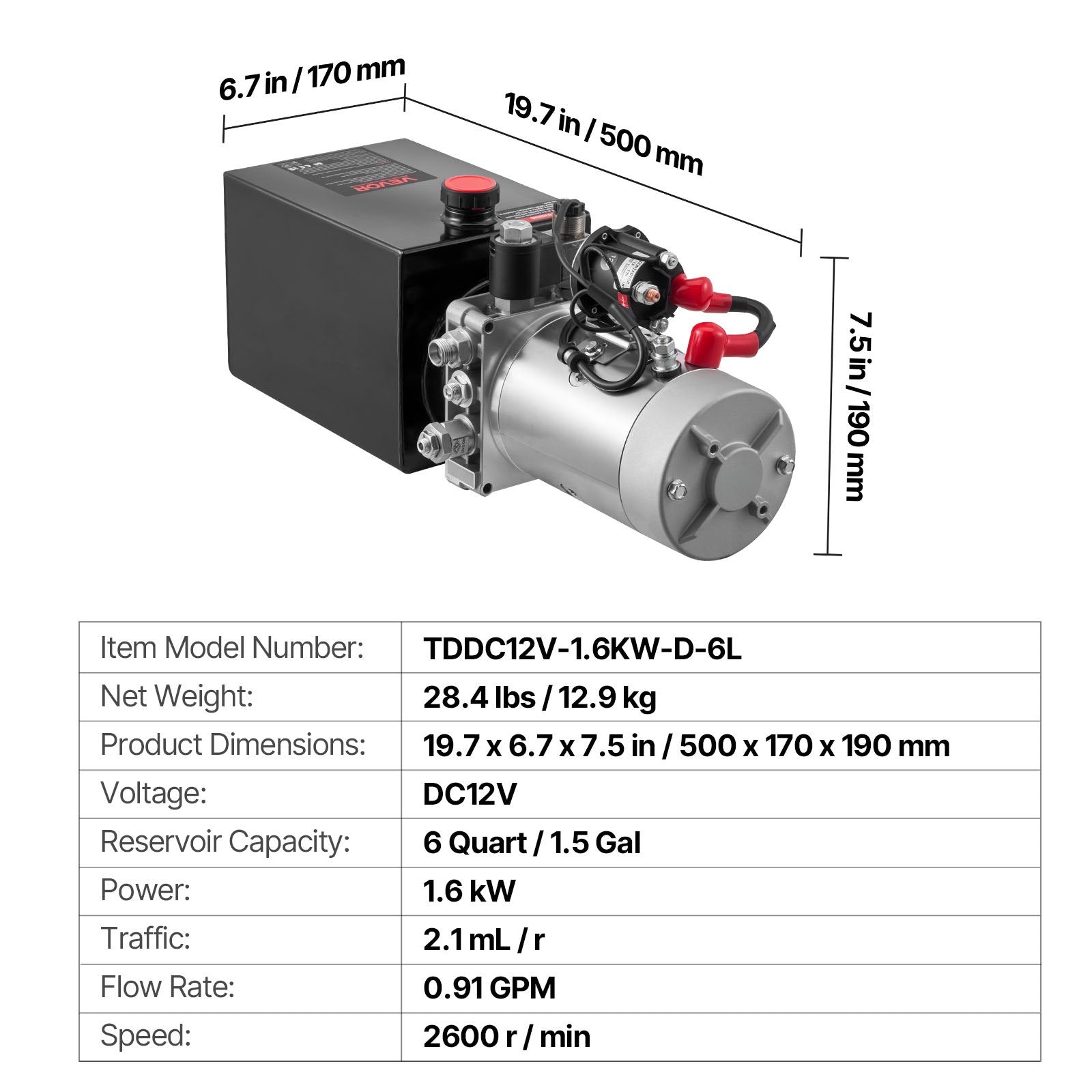 Hidraulinė stotelė VEVOR TDDC12V-1.6KW-D-6L, 6 l talpa