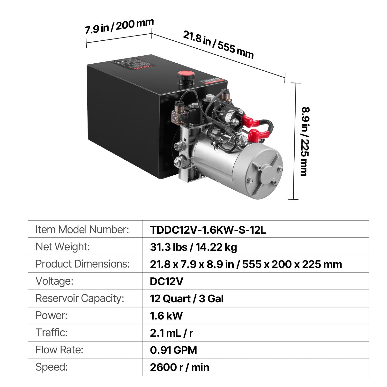 Hidraulinė stotelė VEVOR TDDC12V-1.6KW-S-12L, 12 L