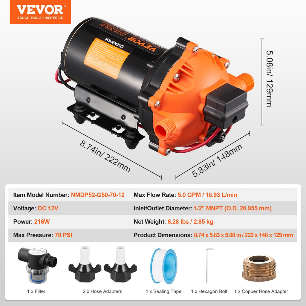 Membraninis vandens siurblys VEVOR NMDP52-G50-70-12, 18,93 l/min