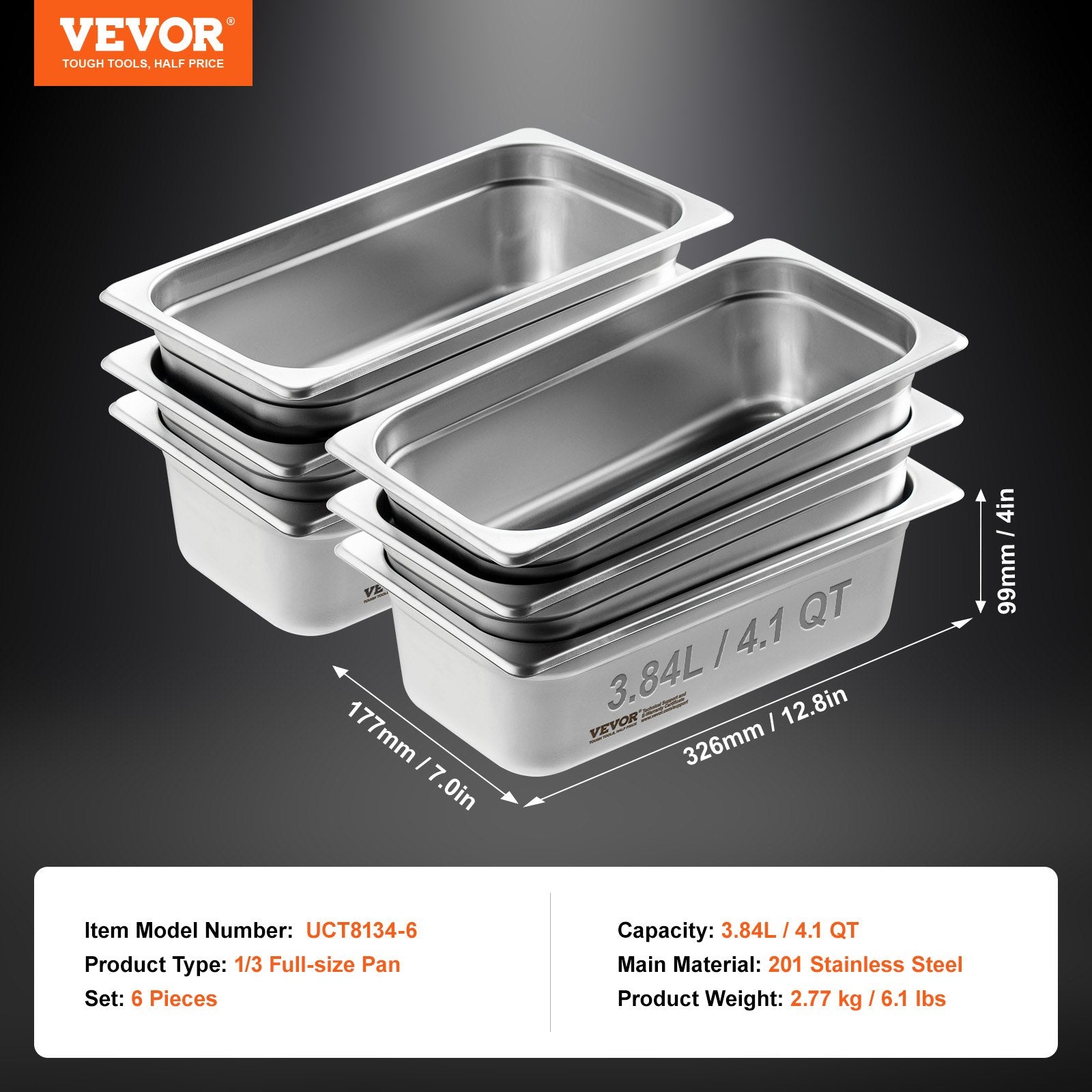 Gastronominiai indai VEVOR UCT8134-6, 1/3 GN, 6 vnt.