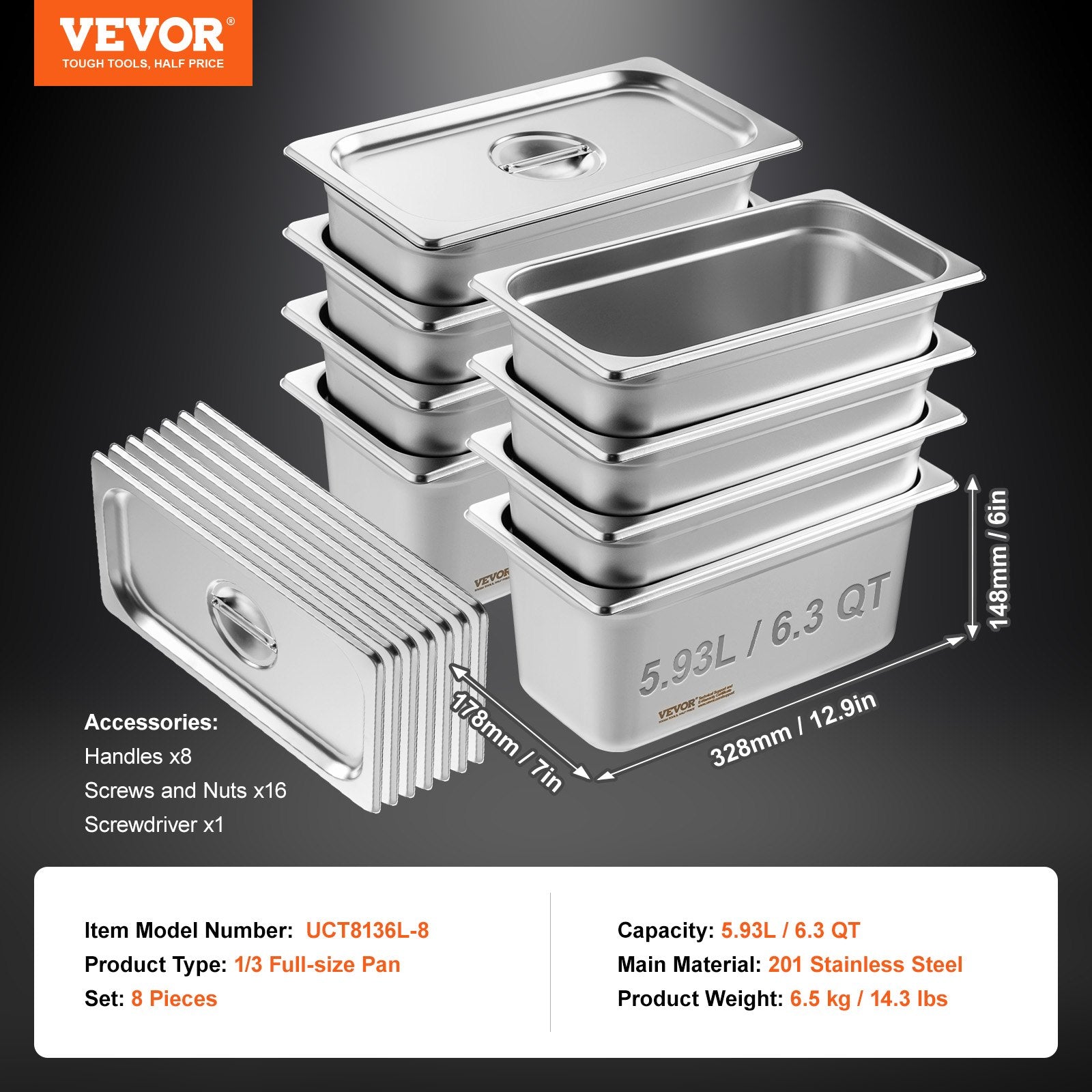 Gastronominiai indai VEVOR UCT8136L-8, GN 1/3, 150 mm gylio, 8 vnt.