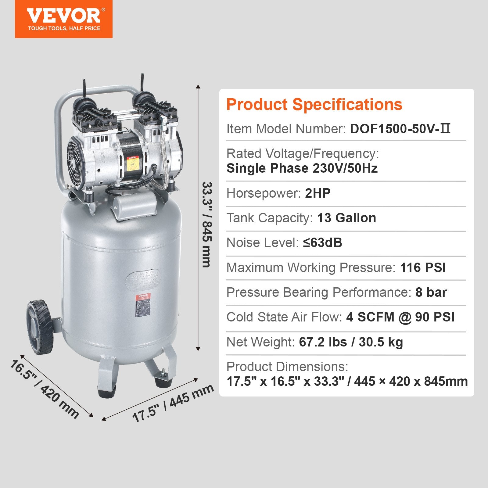 Oro kompresorius VEVOR DOF1500-50V-Ⅱ, 49,2 l