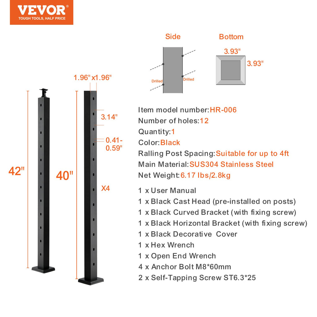 Turėklų stulpas VEVOR HR-006, 106 cm aukščio su 30° kampo skylėmis