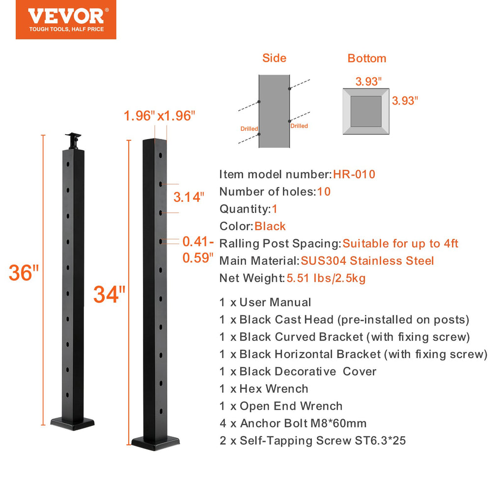 Laiptų turėklų stulpas VEVOR HR-010, 91,4 cm aukščio, 30° kampas