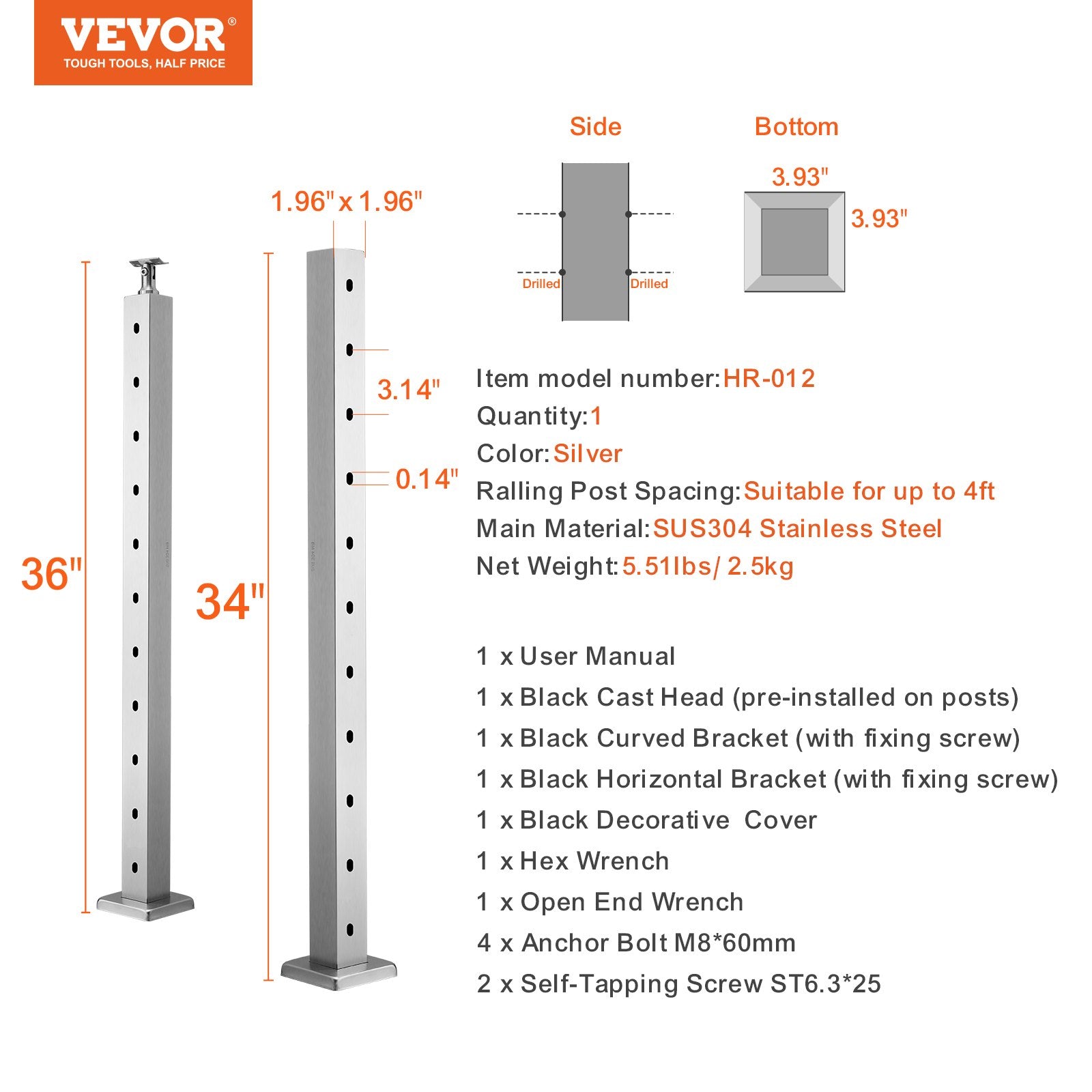 Turėklų stulpas trosams VEVOR HR-012, 91,4 cm aukščio