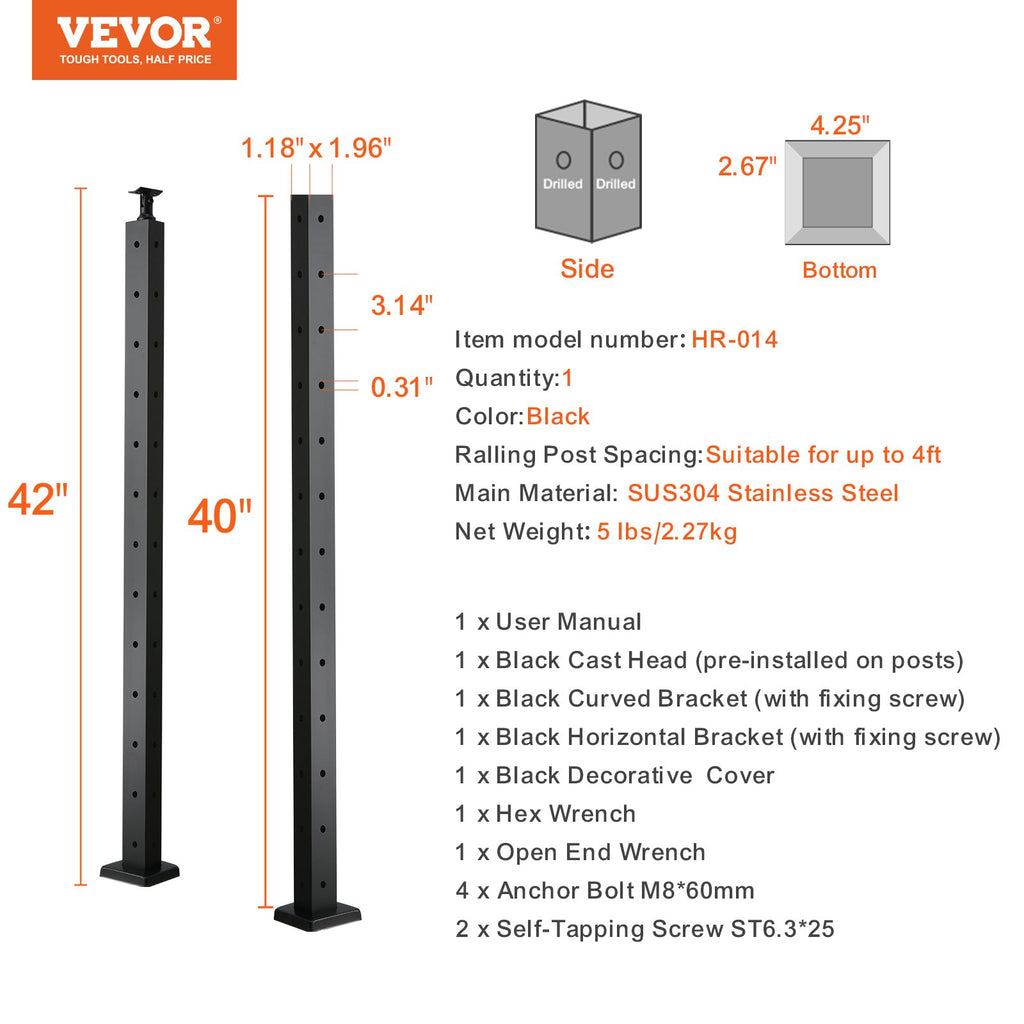 Trosinių turėklų kampinis stulpas VEVOR HR-014, 106,7 cm