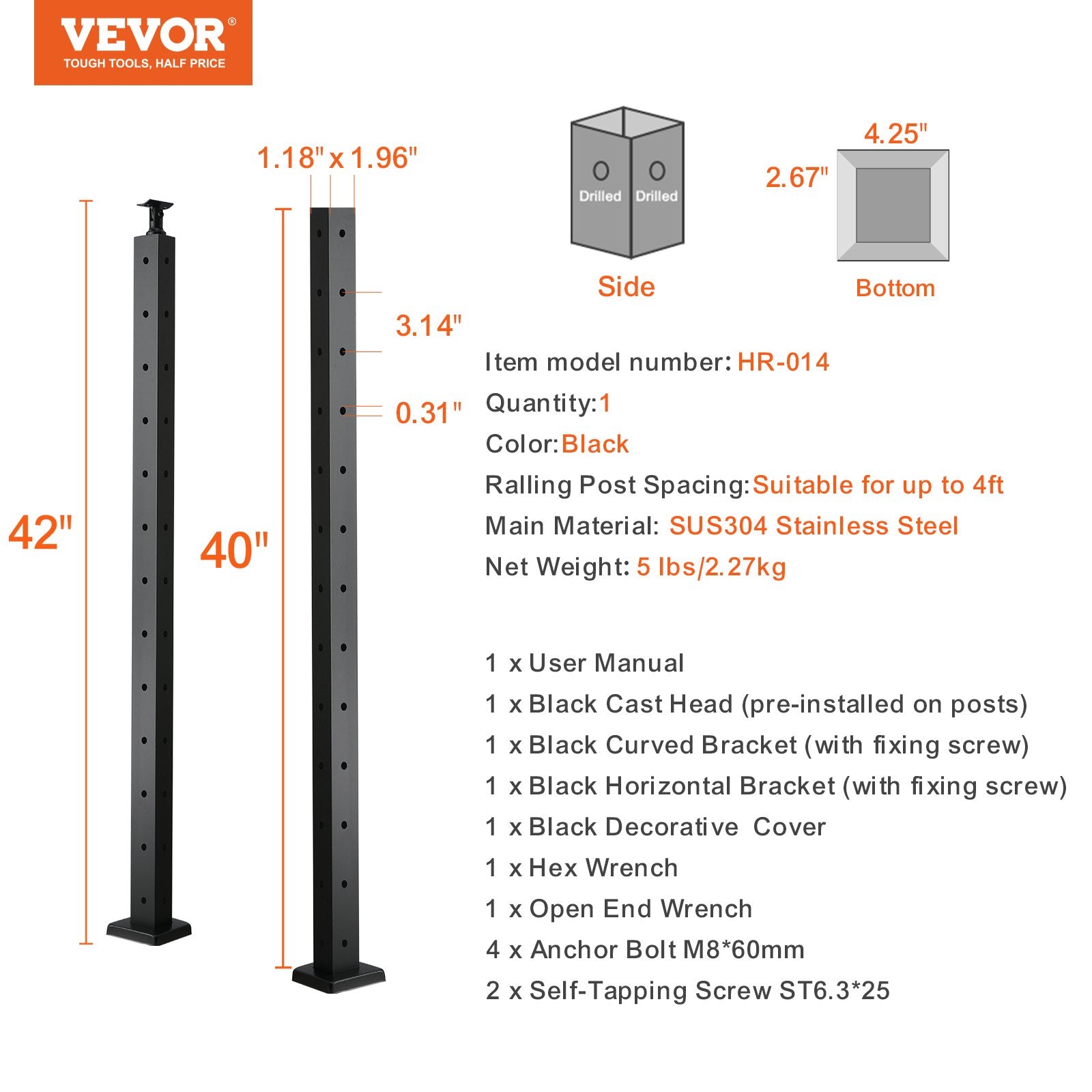 Trosinių turėklų kampinis stulpas VEVOR HR-014, 106,7 cm