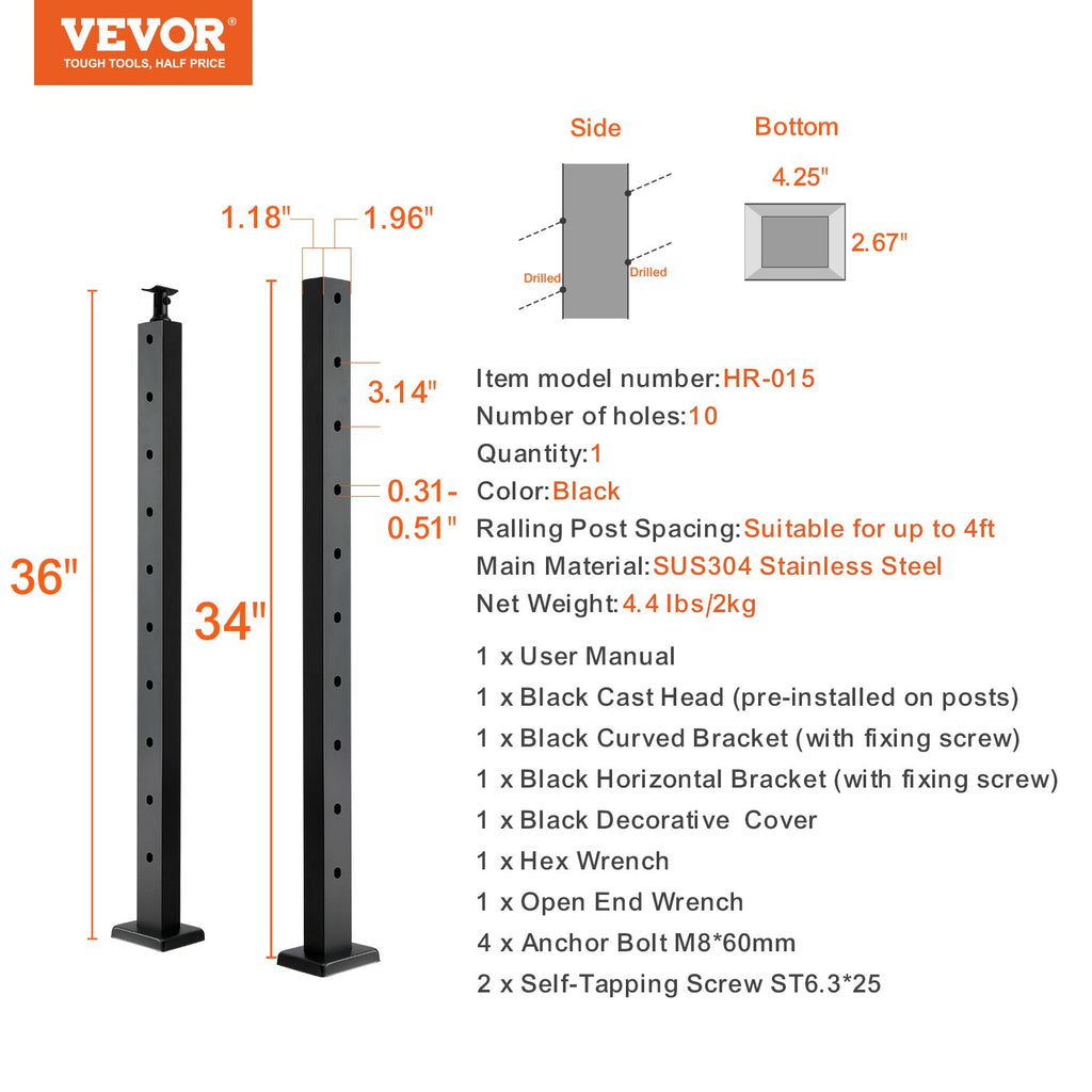 Laiptų turėklų stulpas trosams VEVOR HR-015, 91,4 cm, 30° kampas