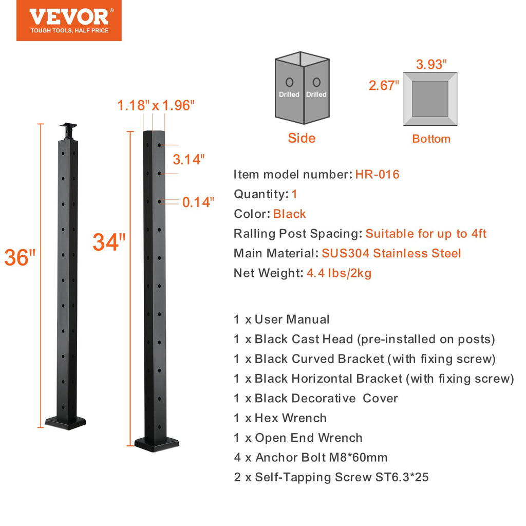 Kampinis trosinių turėklų stulpas VEVOR HR-016, 91,4 cm aukščio
