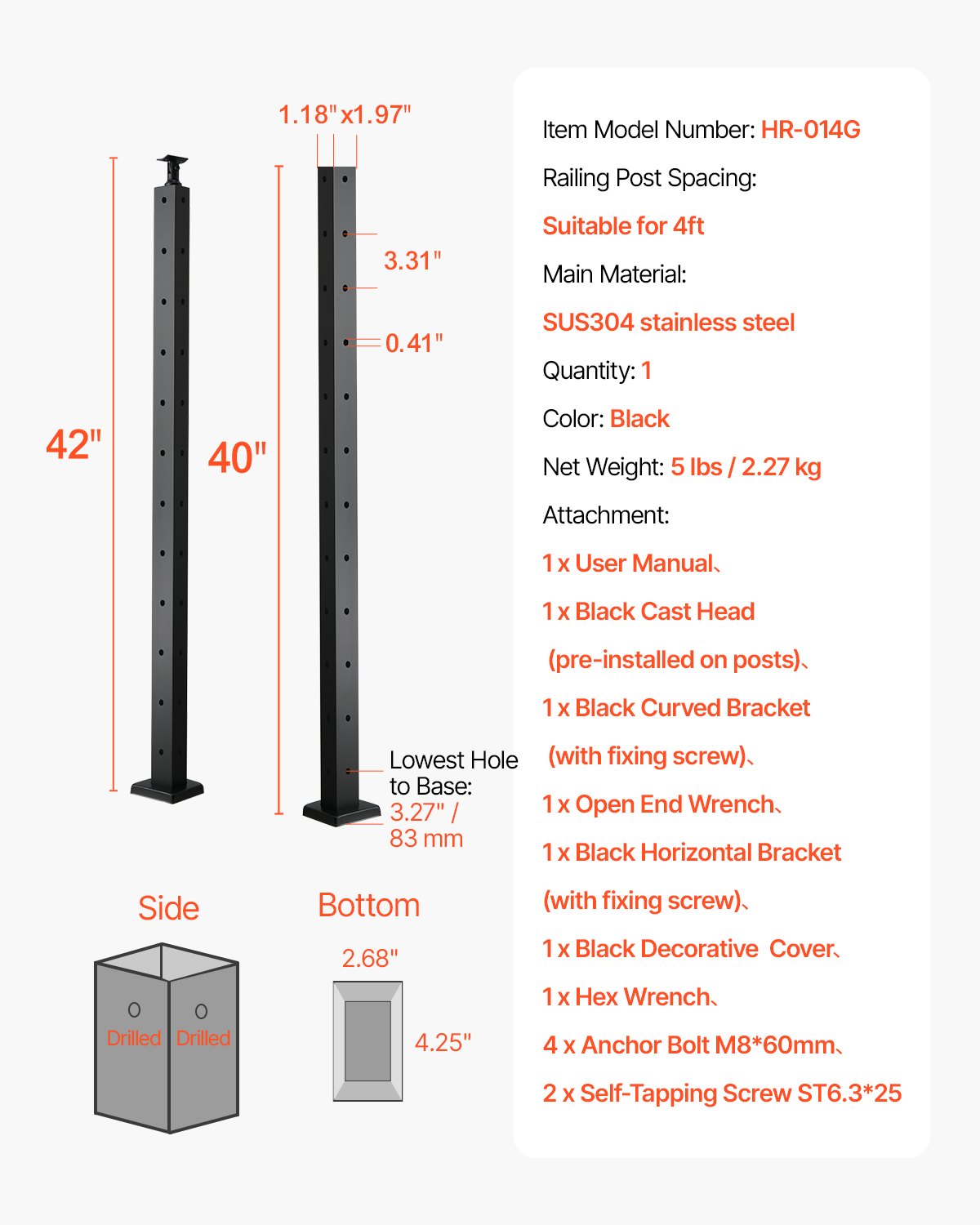 Kampinis lynų turėklų stulpas VEVOR HR-014G, 106,7 cm aukščio