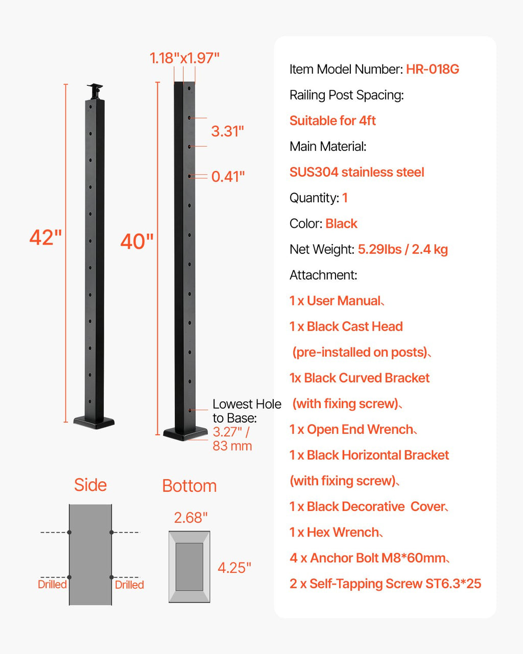 Turėklų stulpas VEVOR HR-018G, 106,7 cm aukščio