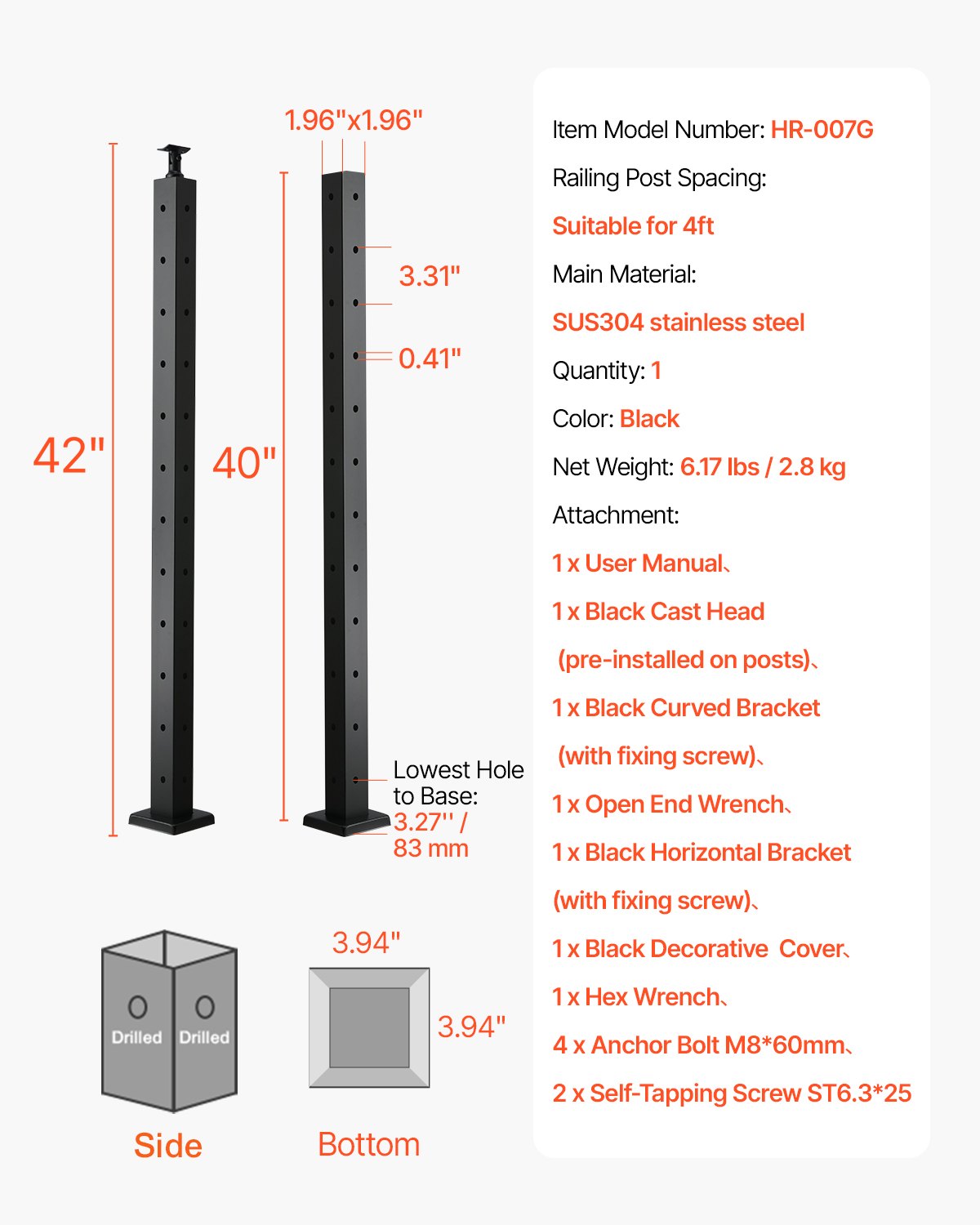 Kampinis turėklų stulpas VEVOR HR-007G, 106,7 cm aukščio