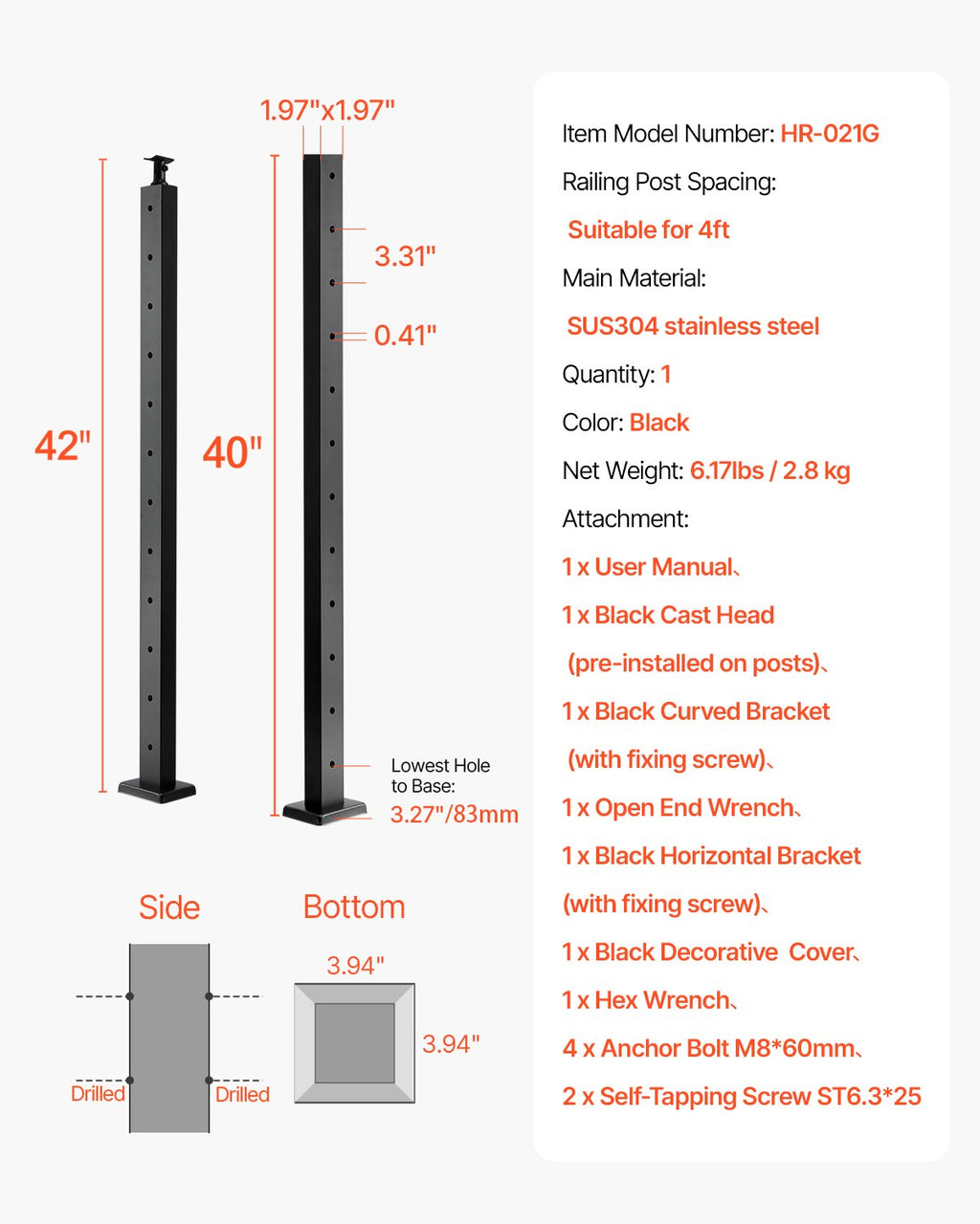 Trosinių turėklų stulpas VEVOR HR-021G, 106,7 cm aukščio