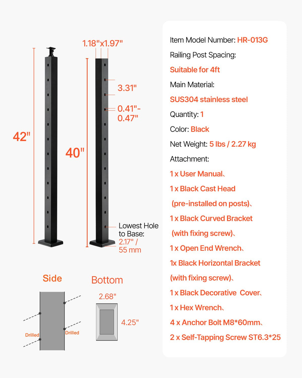 Turėklų stulpas VEVOR HR-013G, 107 cm aukščio
