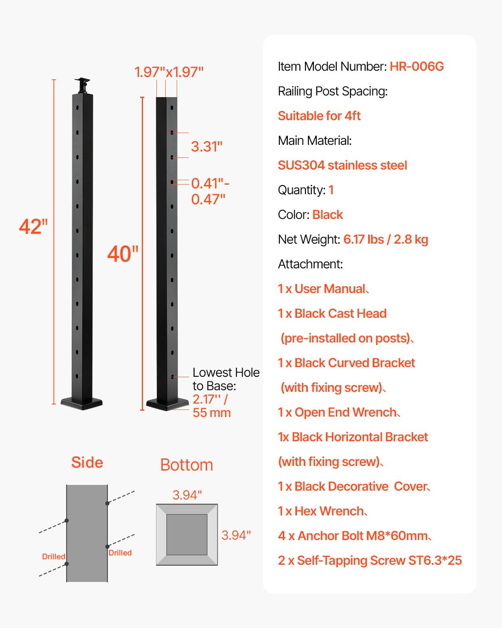Turėklų stulpas VEVOR HR-006G, 106,7 cm