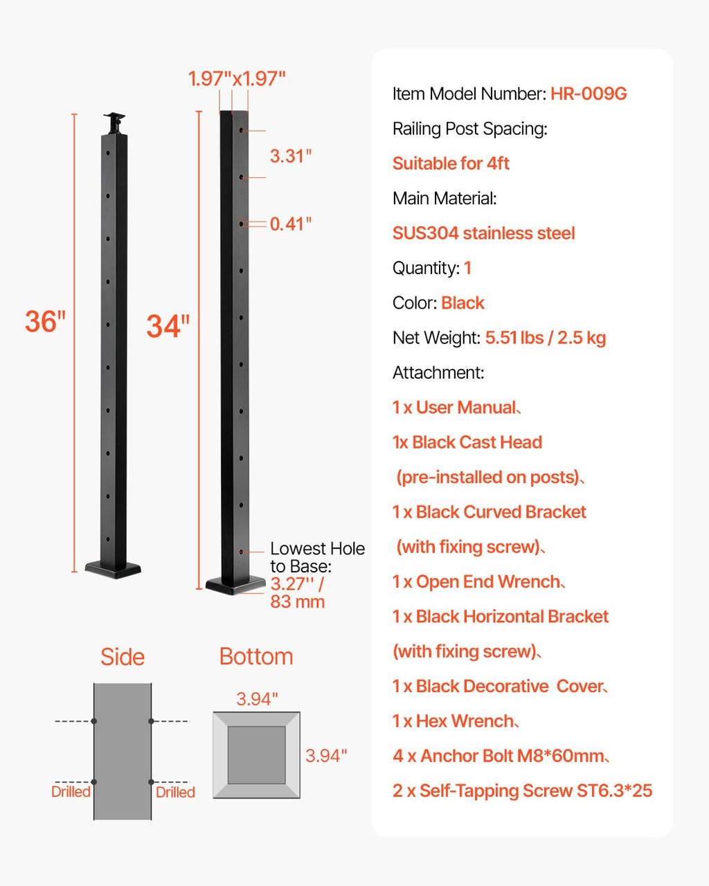 Trosinių turėklų stulpas VEVOR HR-009G, 91,4 cm aukščio