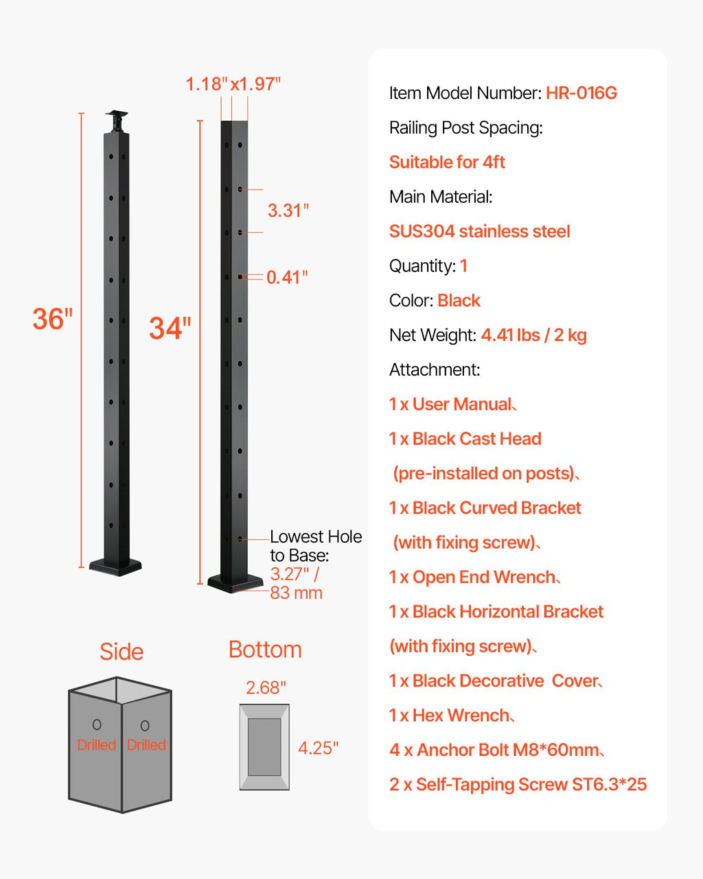 Kampinis turėklų stulpas VEVOR HR-016G, 91,4 cm aukščio
