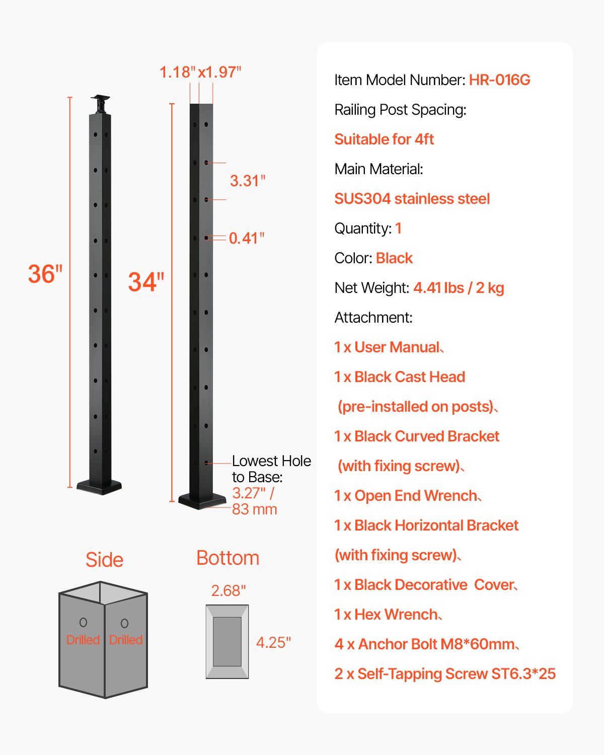 Kampinis turėklų stulpas VEVOR HR-016G, 91,4 cm aukščio