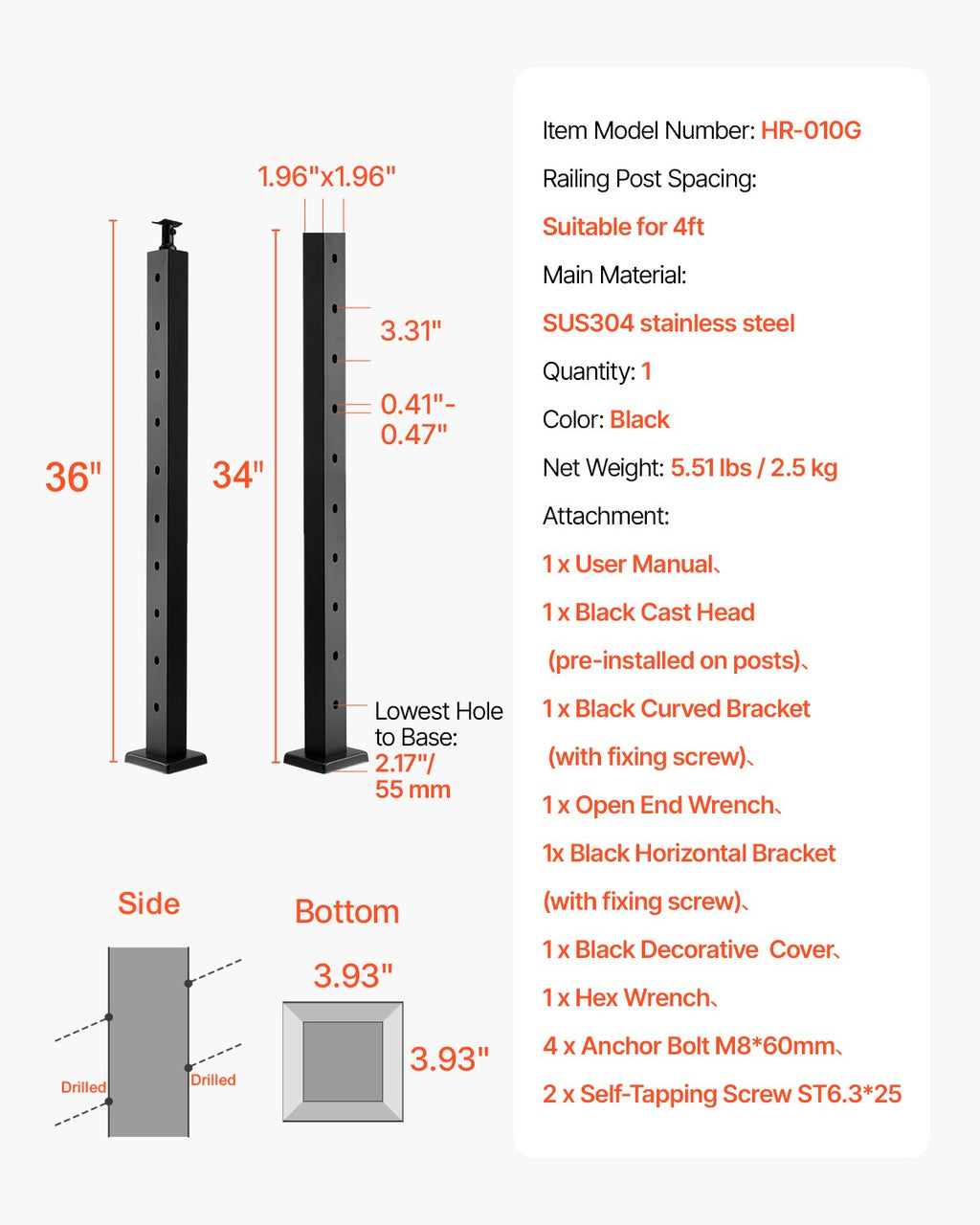 Kabelinių turėklų stulpas VEVOR HR-010G, 91,4 cm aukščio