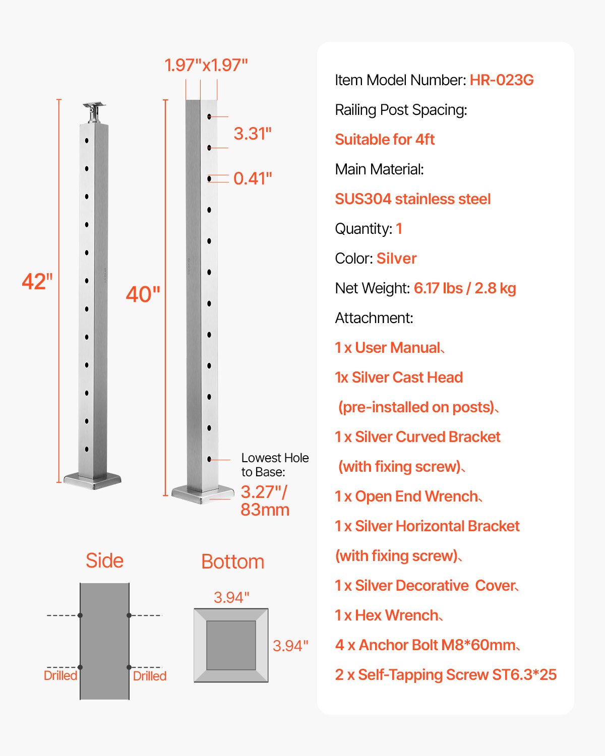 Trosinių turėklų stulpas VEVOR HR-023G, 106,7 cm aukščio