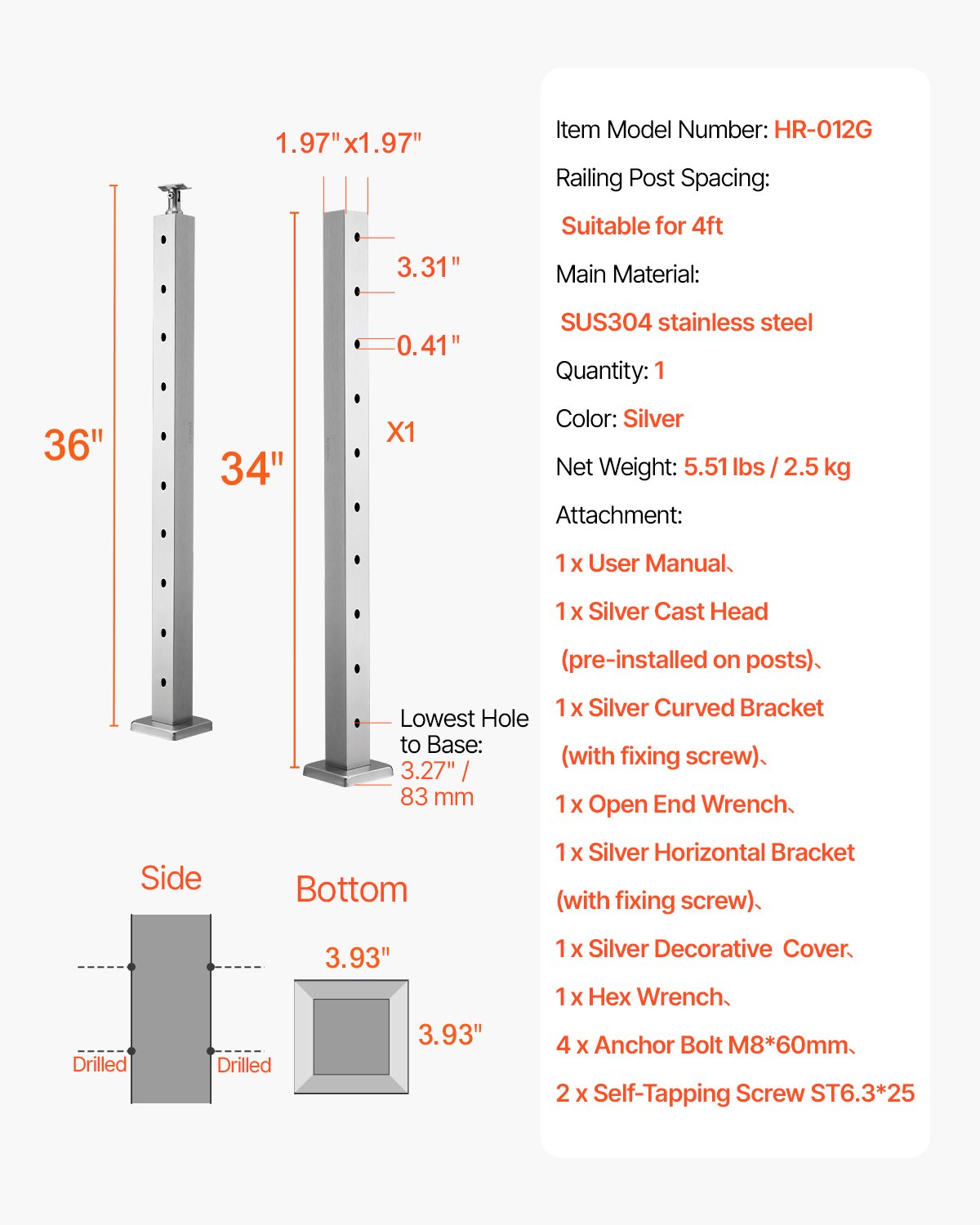 Trosinių turėklų stulpas VEVOR HR-012G, 91,4 cm aukščio