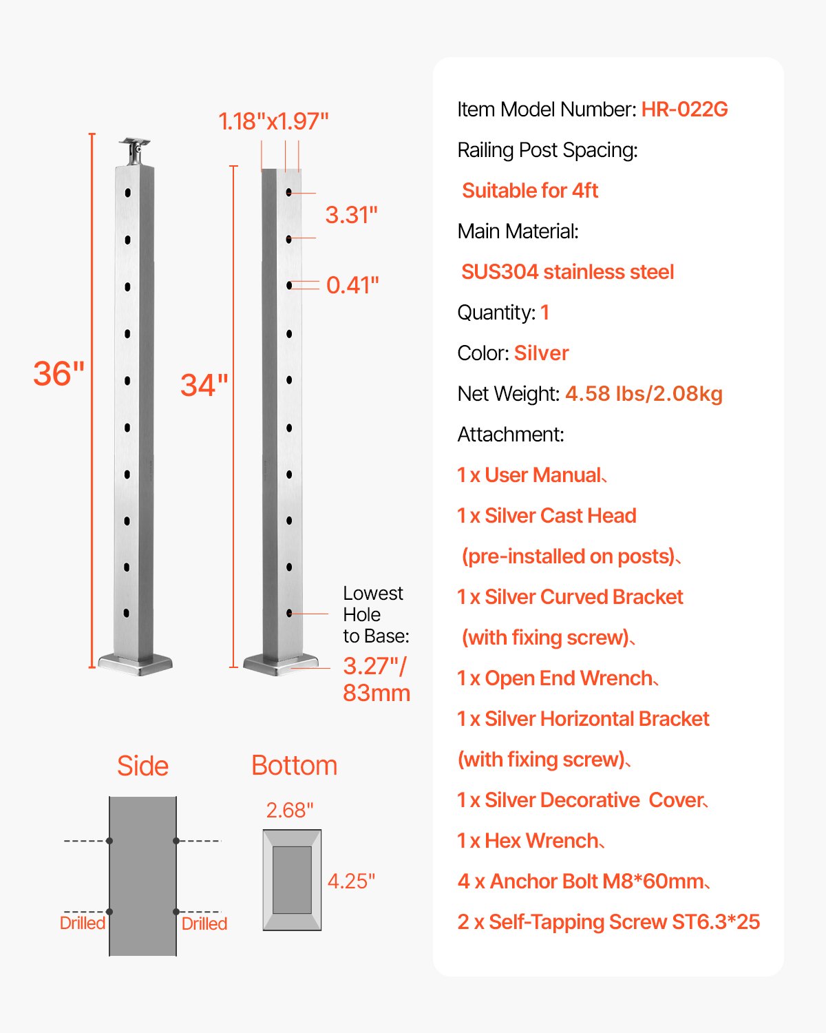 Turėklų stulpas VEVOR HR-022G, 91,4 cm aukščio