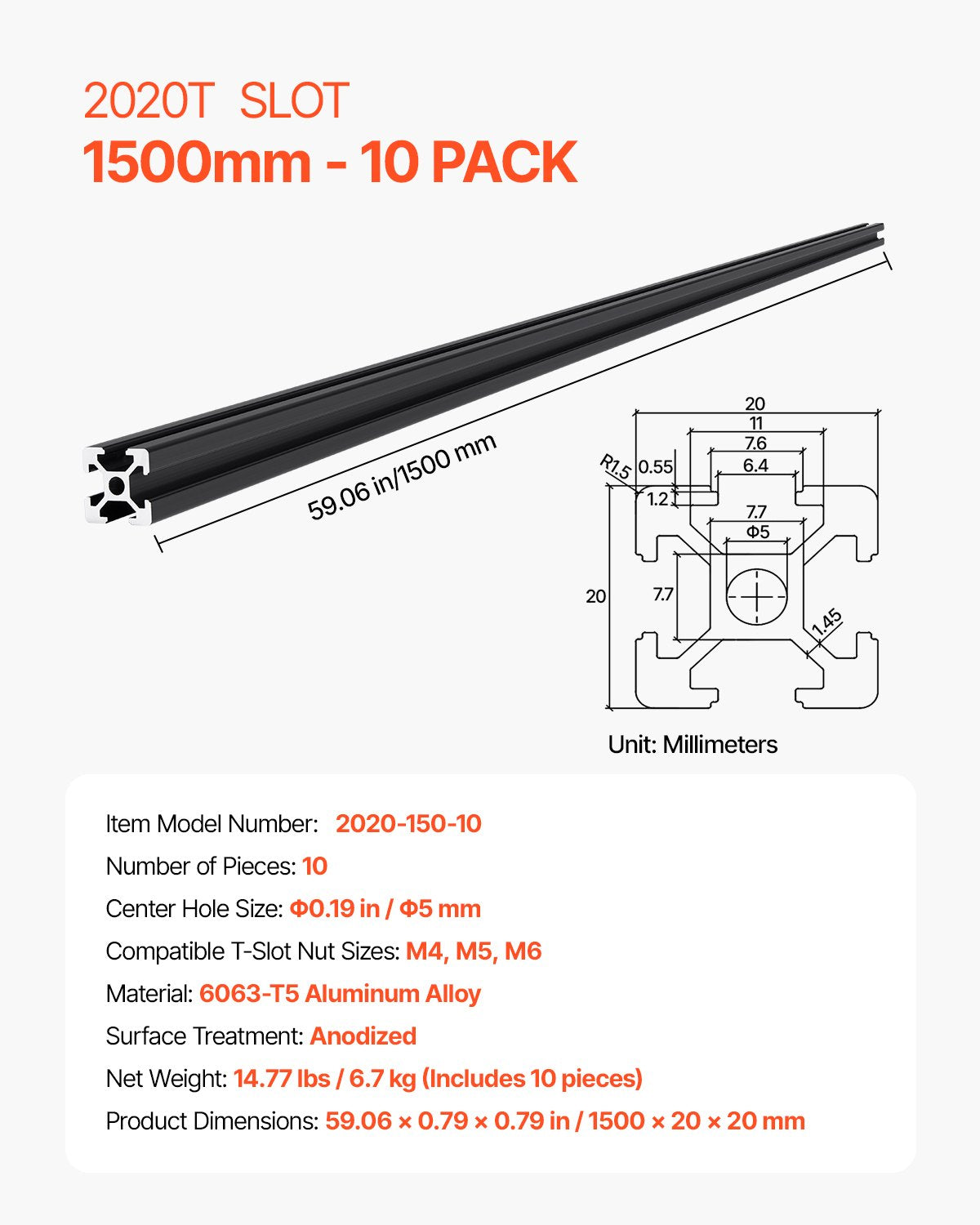 T formos aliuminio profilis VEVOR 2020-150-10, 1500 mm, 10 vnt.