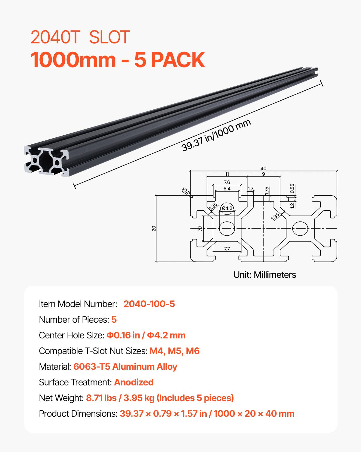 Aliuminio profilis VEVOR 2040 T-Slot, 1000 mm, 5 vnt.