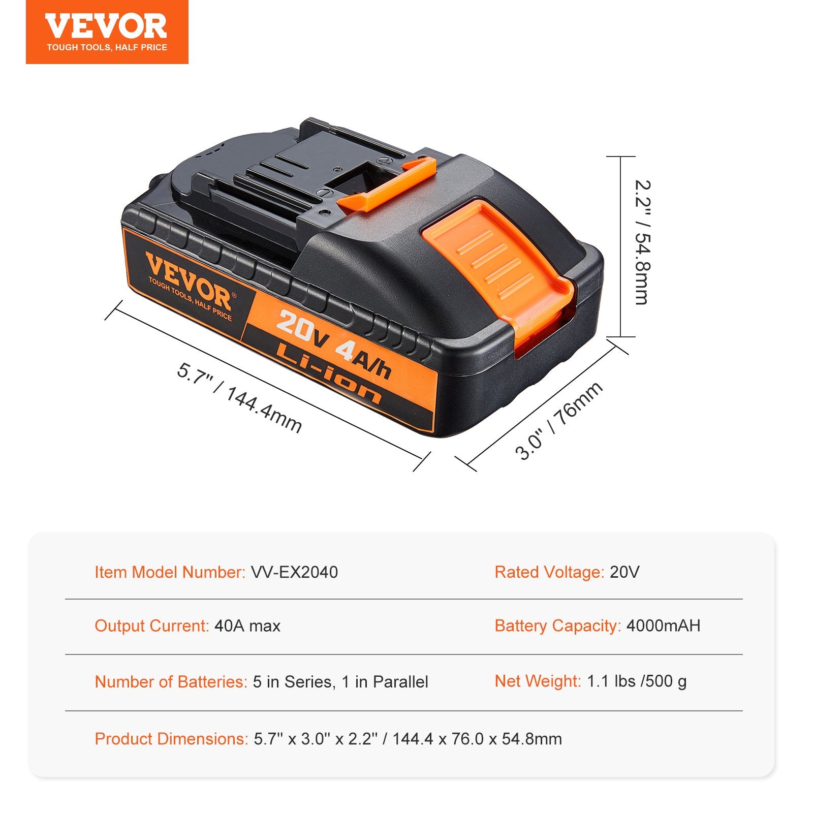 Akumuliatorius VEVOR VV-EX2040, 20V 4.0Ah