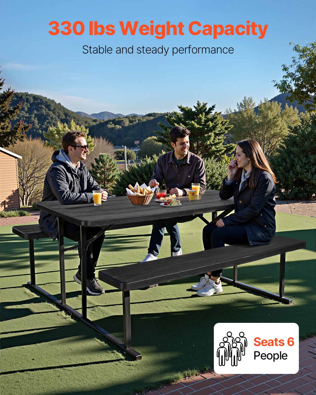 Sulankstomas iškylos stalas su suolais VEVOR EBB-3072KD-2CN, 180 cm ilgio