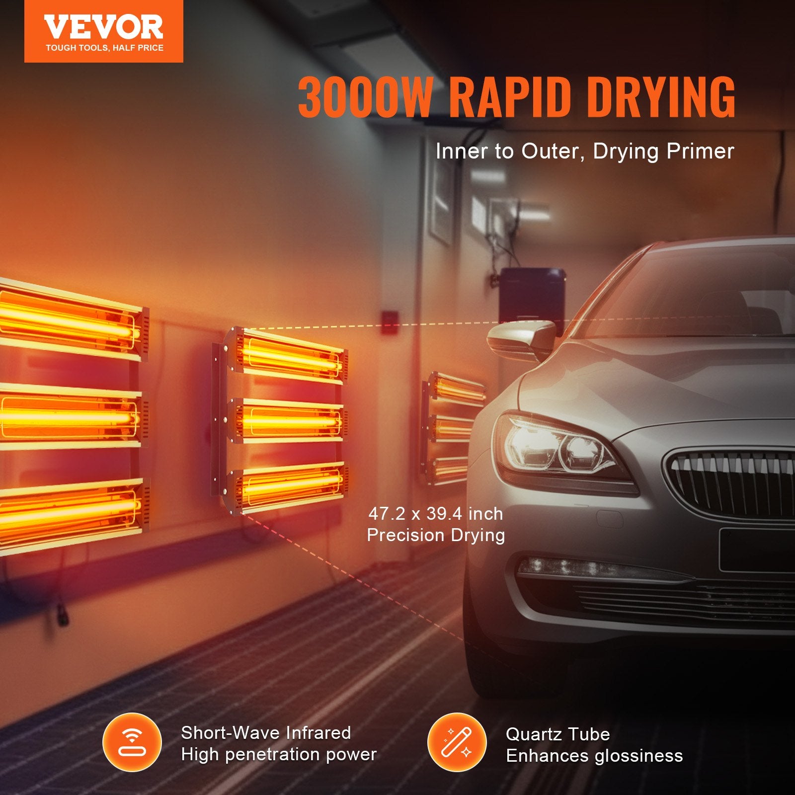 Infraraudonųjų spindulių džiovinimo lempa VEVOR 2 x 3, 3000 W