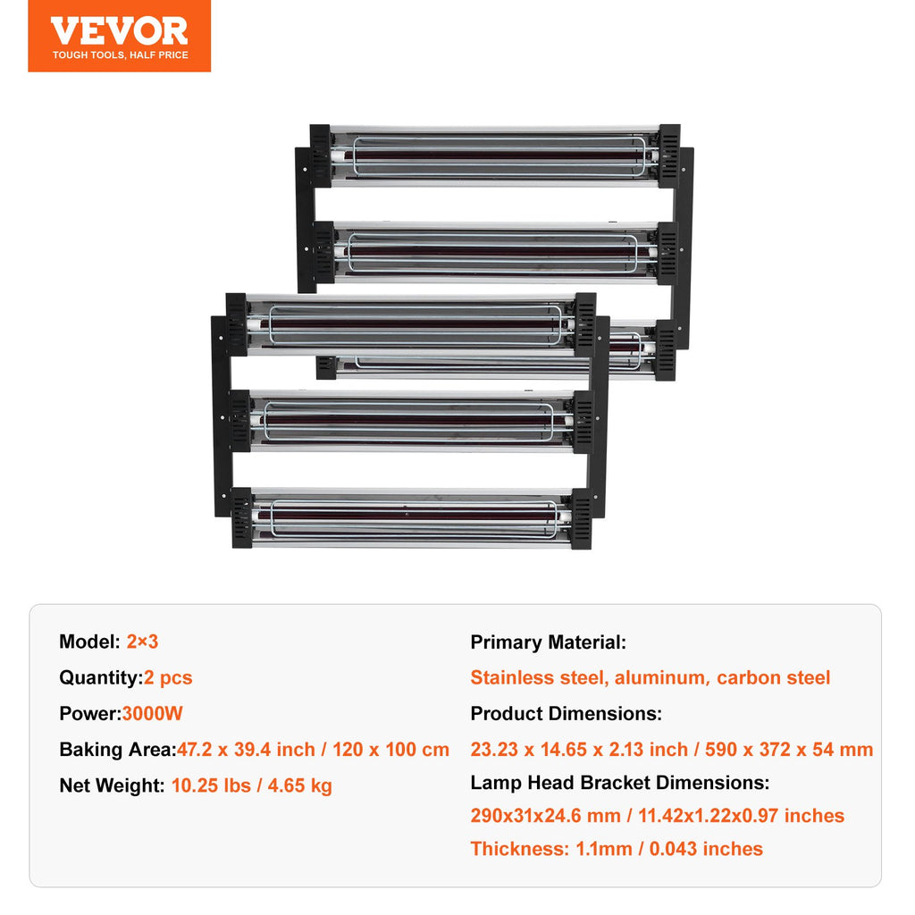 Infraraudonųjų spindulių džiovinimo lempa VEVOR 2 x 3, 3000 W